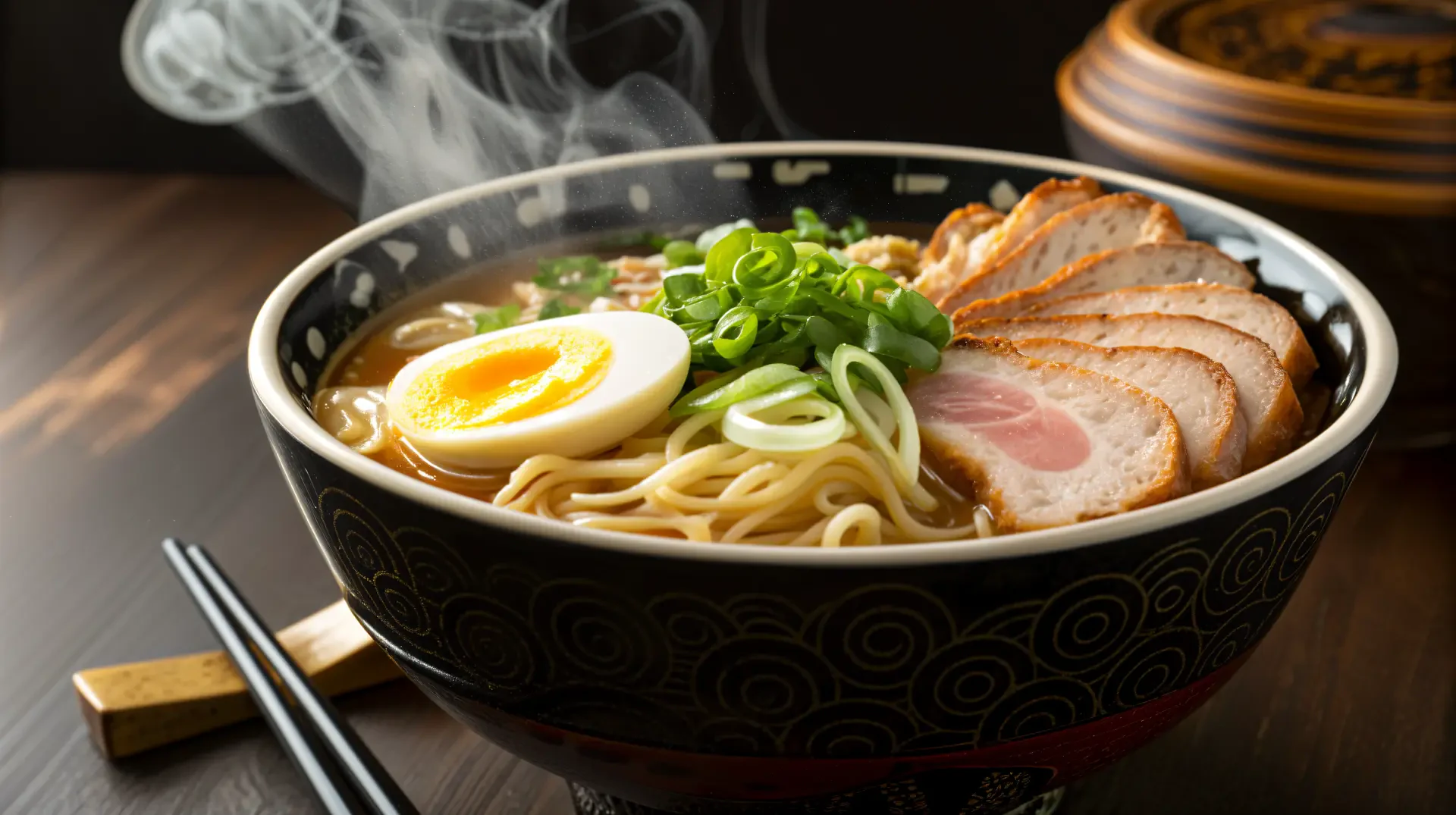 A steaming bowl of ramen topped with green onions, sliced pork, and a soft-boiled egg, presented as a stunning 4K Ultra HD PC desktop wallpaper.