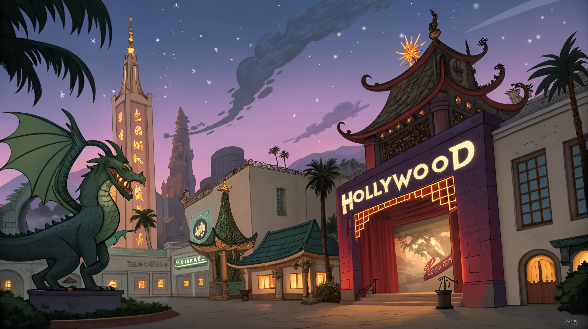 A 4K Ultra HD animated night scene of Hollywood featuring traditional architecture and a green dragon perched nearby, blending fantasy with iconic city elements.