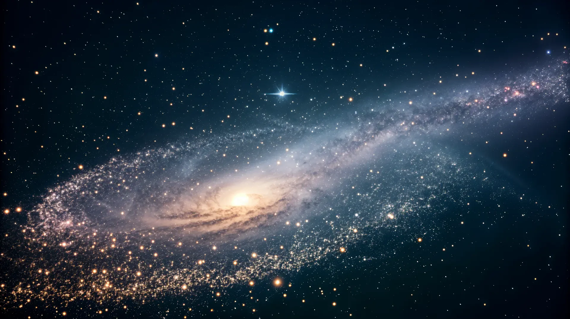 A stunning 4K Ultra HD image of cosmic dust swirling around a spiral galaxy, set against a backdrop of distant stars and deep space. A mesmerizing view for any desktop wallpaper.