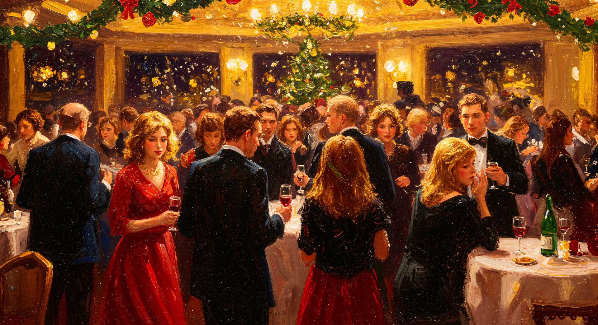 A lively holiday party scene with elegantly dressed guests, festive decorations, and a warm ambiance, captured in a 4K Ultra HD desktop wallpaper.