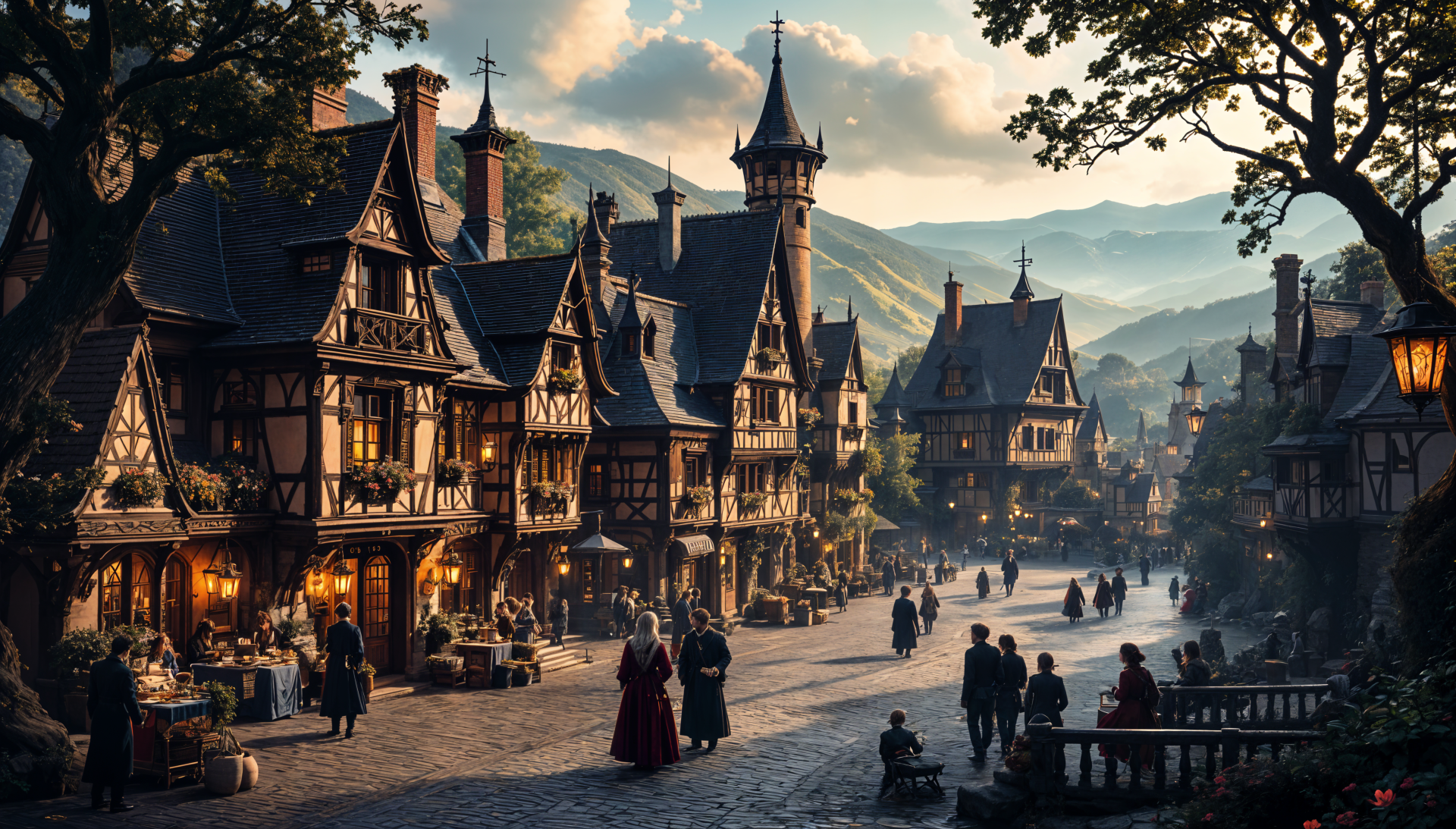 A picturesque medieval village with charming timber-framed houses, bustling streets, and rolling hills in the background, captured in stunning 4K Ultra HD detail.