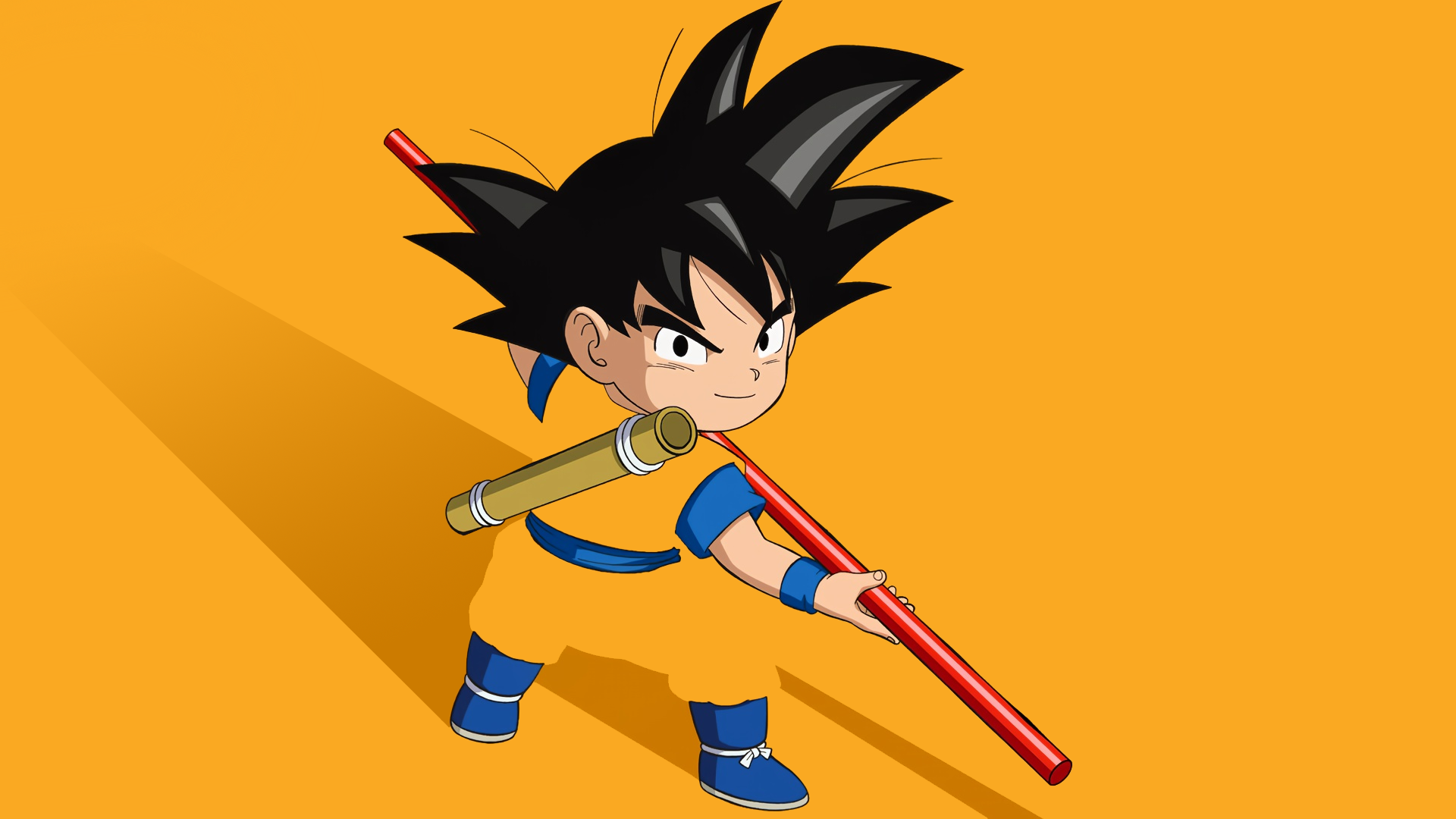 HD PC desktop wallpaper: anime Dragon Ball DAIMA featuring young Goku in blue outfit, crouched with his red staff on a bright orange background.