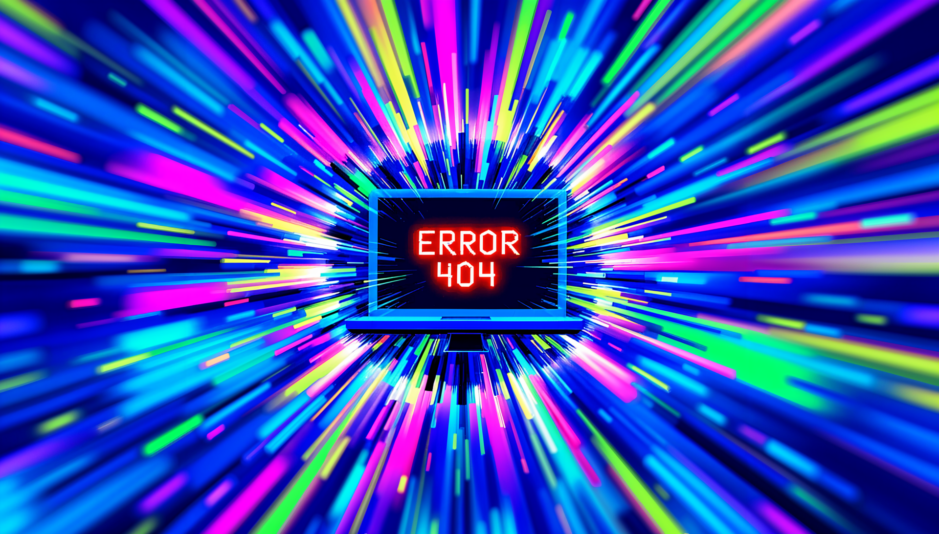 A vibrant 4K Ultra HD digital wallpaper featuring a glitch effect, showcasing a computer screen displaying ERROR 404 amidst an explosion of colorful light rays.