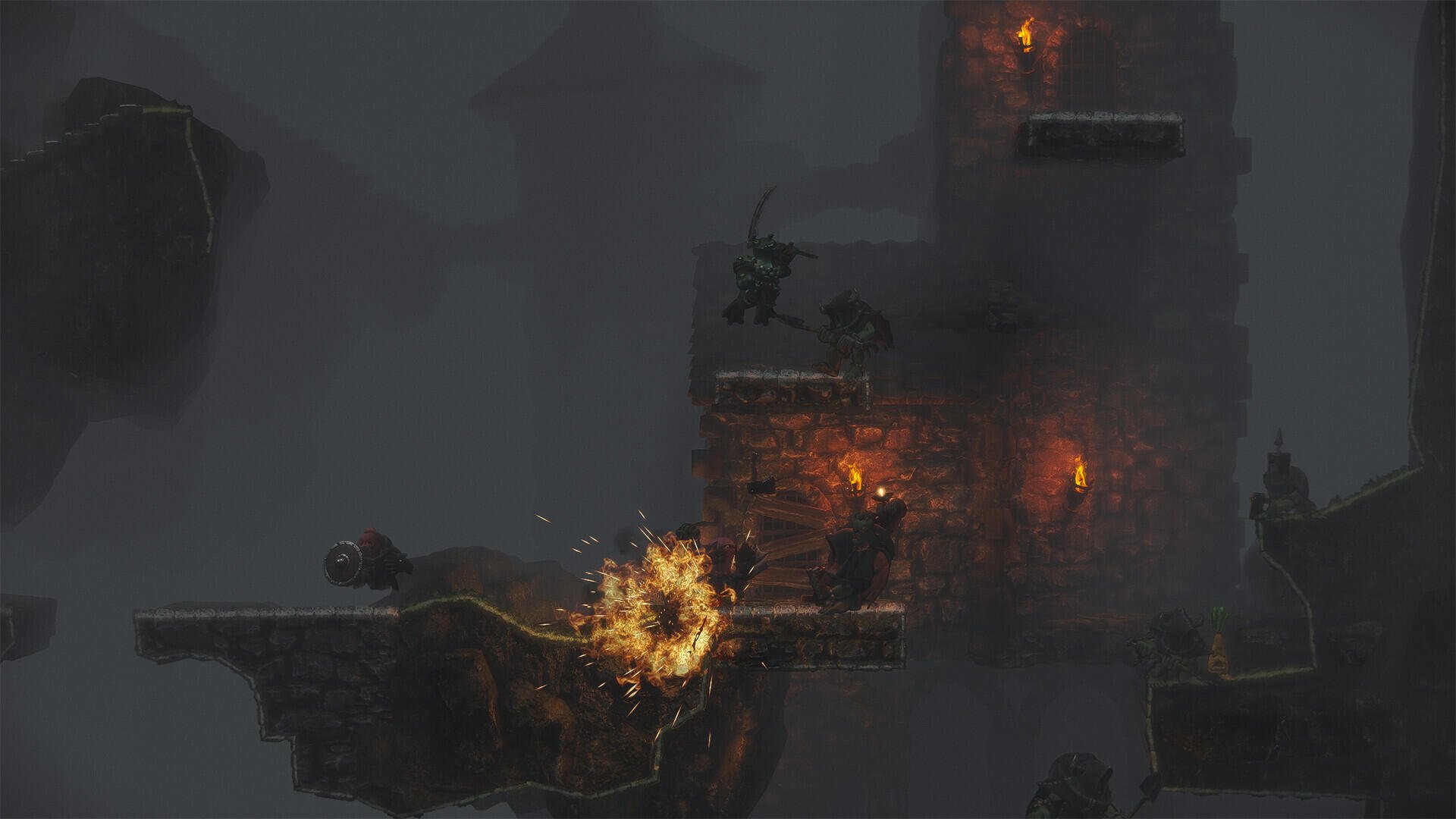 A dynamic scene from the video game Jump King Quest, featuring a character navigating through a dark, atmospheric landscape illuminated by flickering torches. HD PC desktop wallpaper.