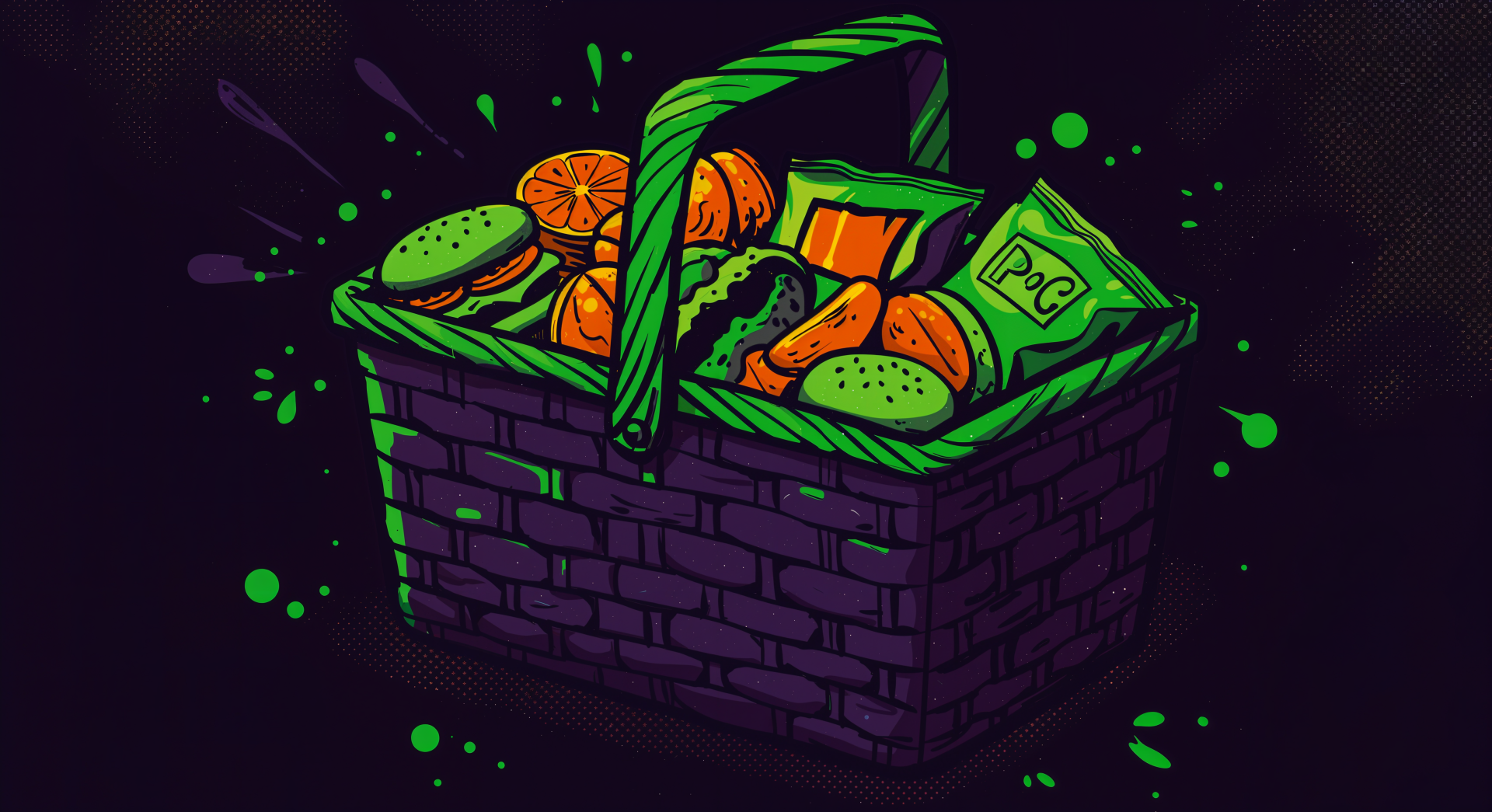 A vibrant picnic basket filled with colorful snacks and cookies, set against a dark background, creating a striking 4K Ultra HD PC desktop wallpaper.