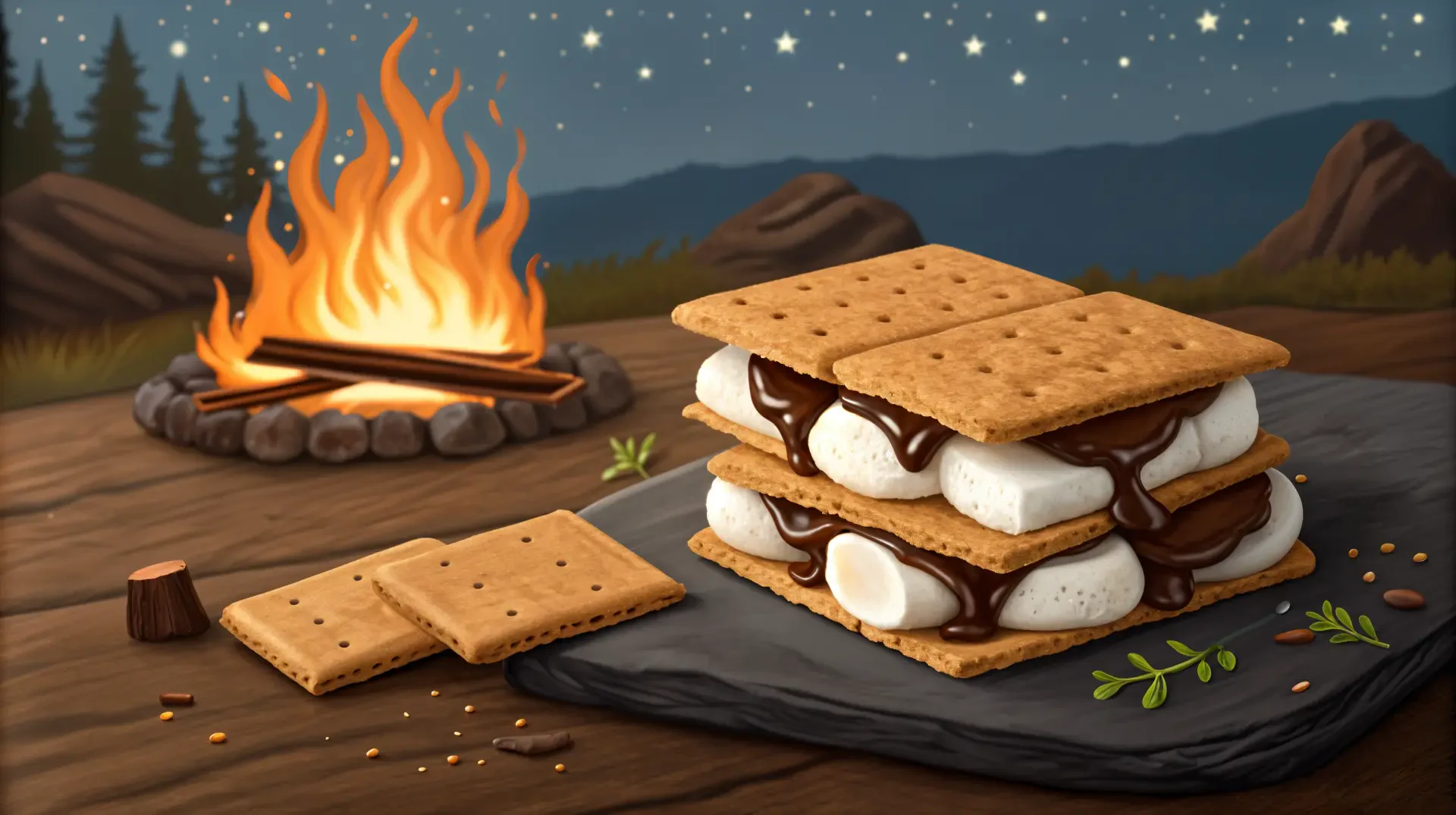 A delicious stack of s'mores sits on a slate stone, accompanied by a glowing campfire and a starry night backdrop, showcasing a cozy camping ambiance in 4K Ultra HD.