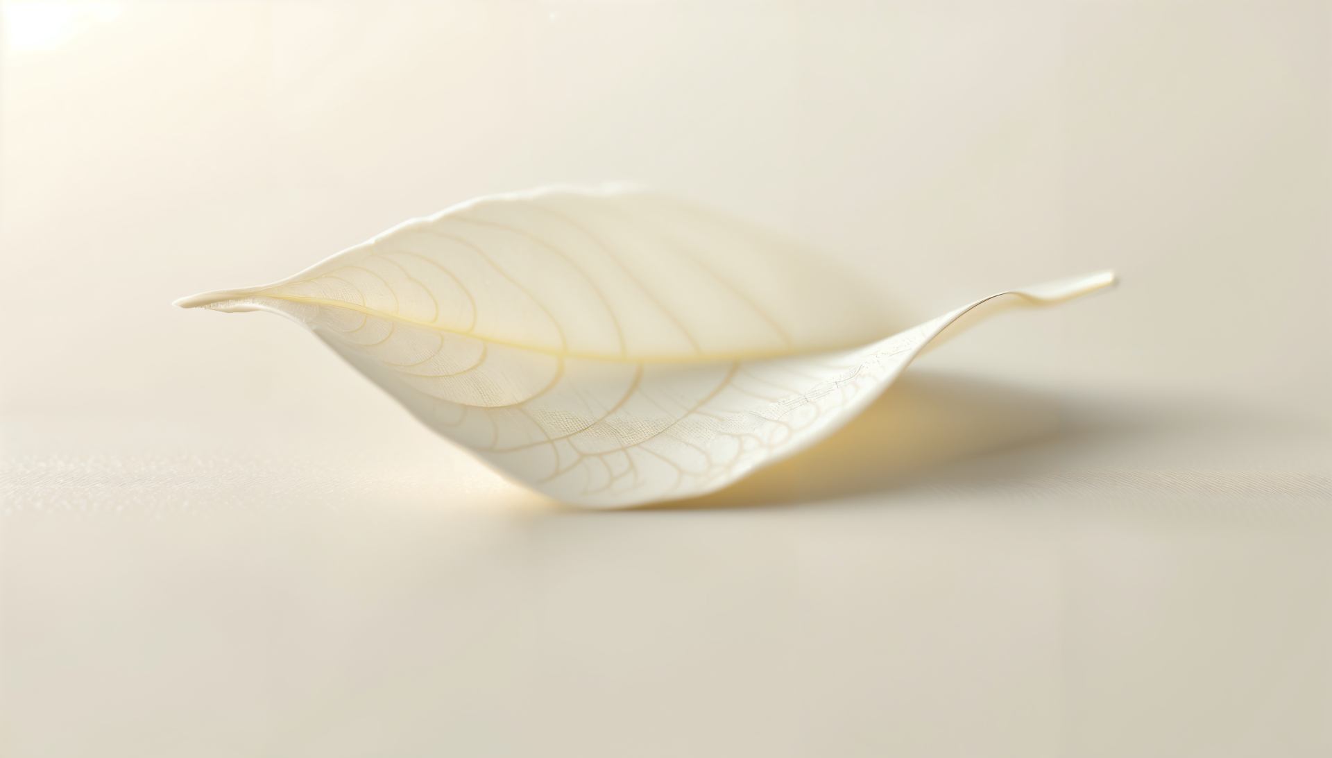 A serene, minimalist white tea leaf gracefully rests on a soft background, captured in stunning 4K Ultra HD for a calming desktop wallpaper.