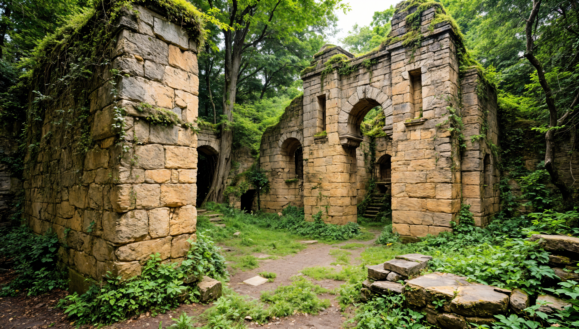 Ancient ruins covered in greenery, featuring weathered stone walls and archways, create a serene atmosphere in this 4K Ultra HD desktop wallpaper.