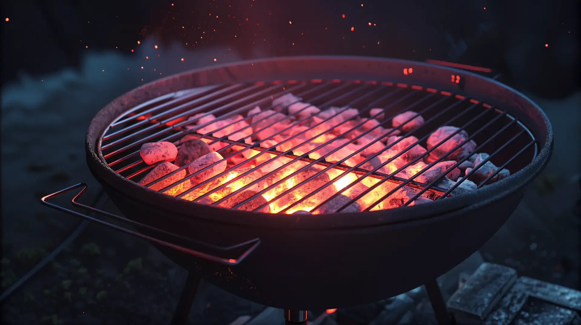 A close-up of a glowing charcoal grill, embers shimmering under the grill grate, set against a dark background, capturing the warmth and vibrancy of outdoor cooking. 4K Ultra HD wallpaper.