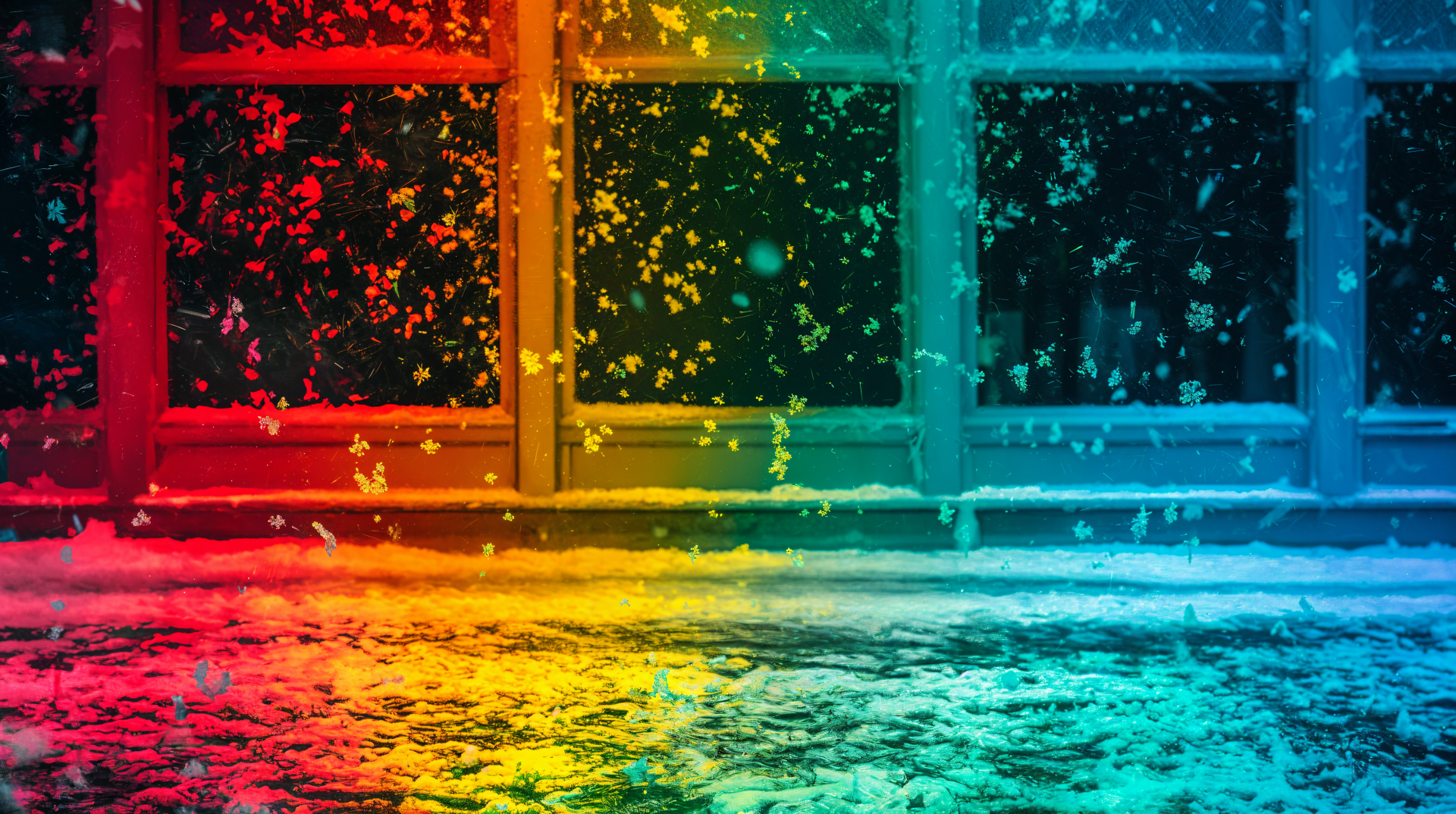 A colorful snowstorm scene with vibrant hues reflecting off snow-covered ground, set against large windows, captured in stunning 4K Ultra HD for a striking desktop wallpaper.