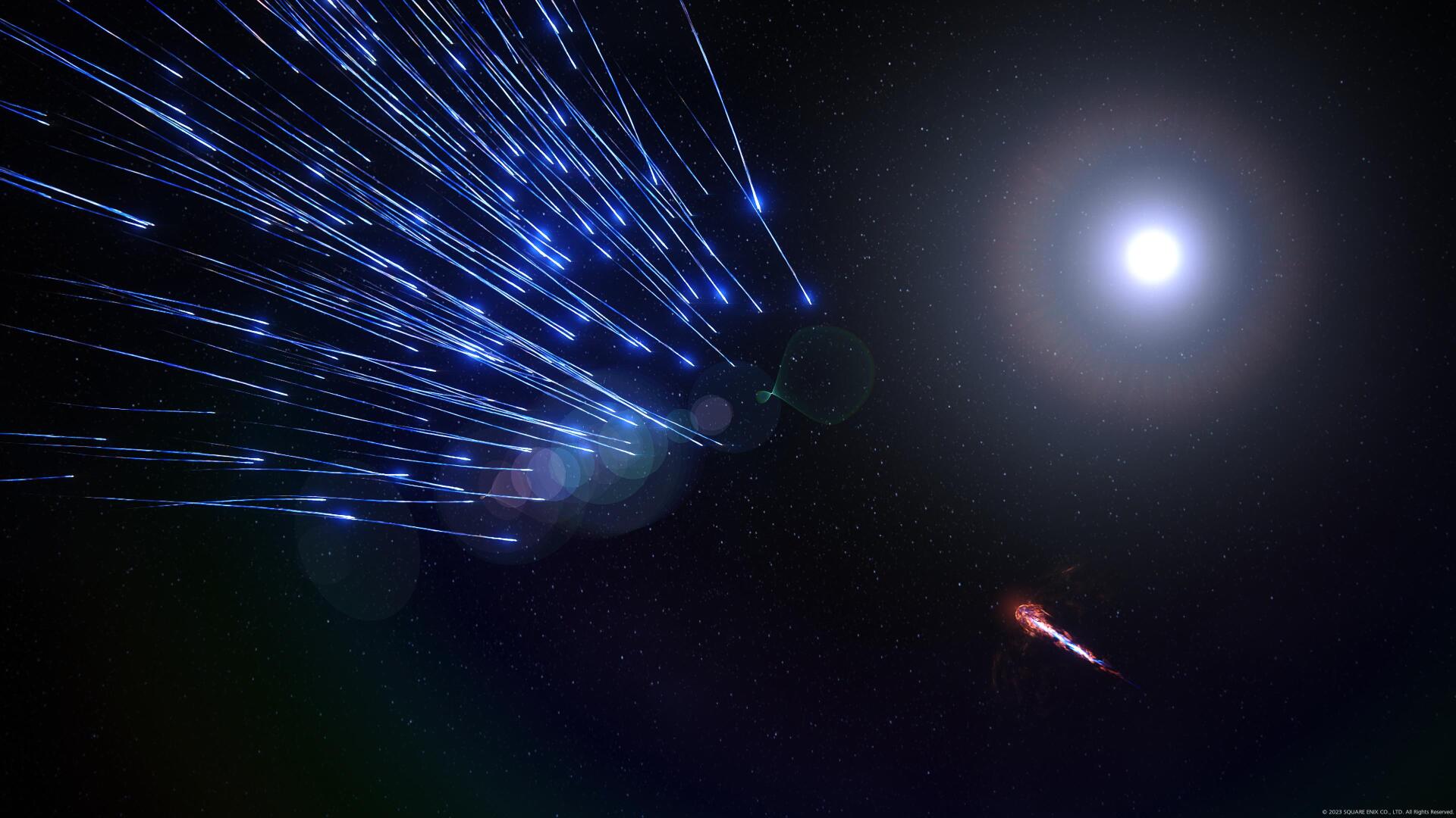 A dynamic 4K Ultra HD wallpaper featuring vibrant blue laser beams and an illuminated orb, inspired by the aesthetic of Final Fantasy XVI.