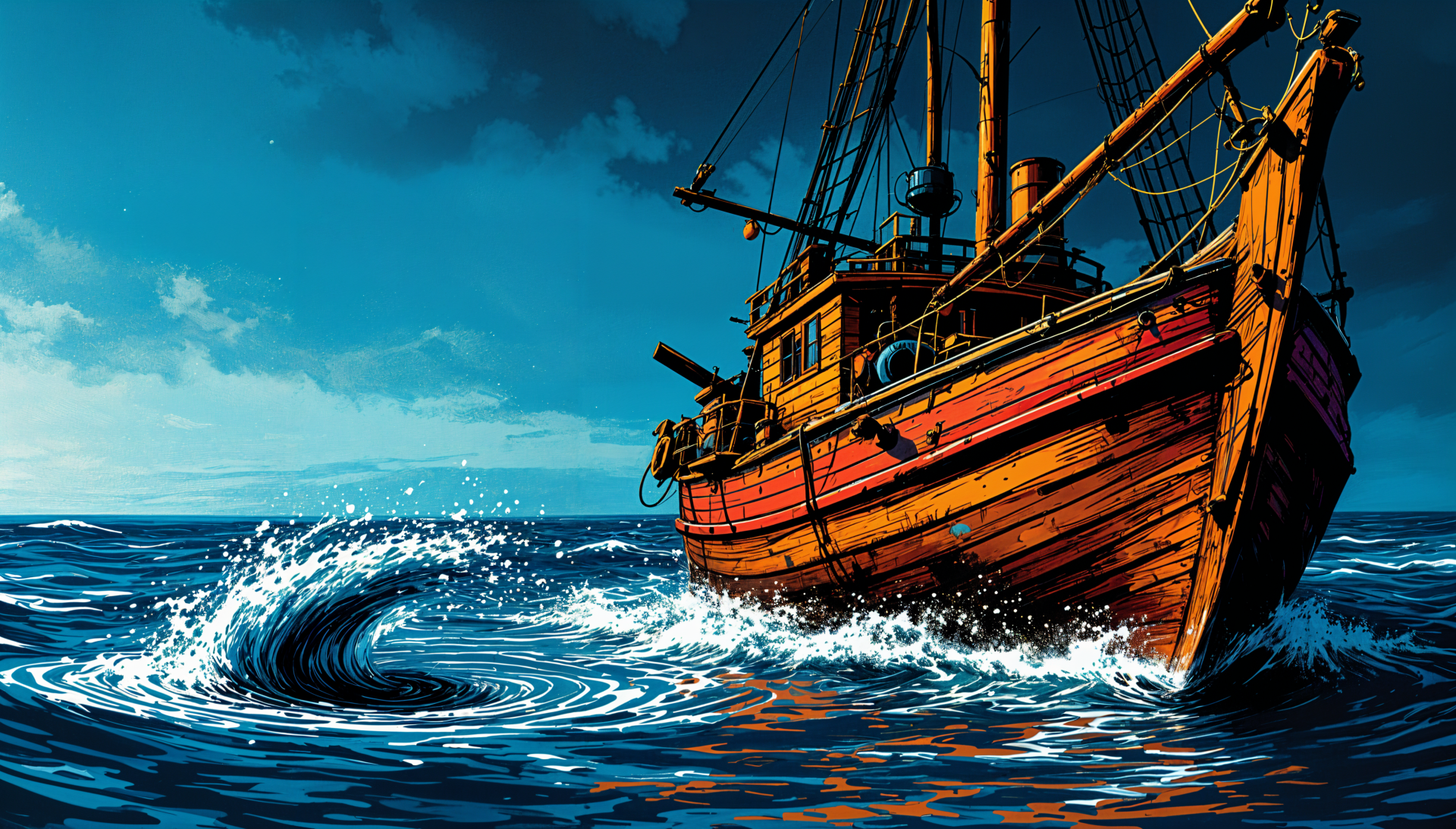 A vibrant 4K Ultra HD wallpaper showing a wooden fishing boat navigating ocean waves under a dramatic sky.