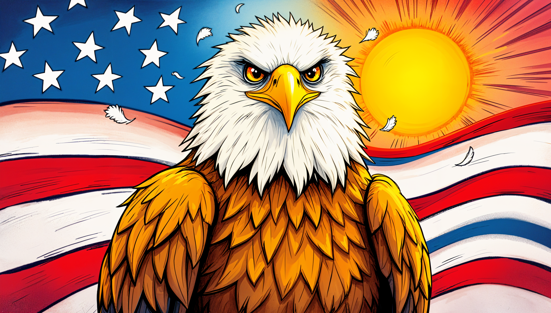 A striking bald eagle stands proudly against a backdrop of the American flag and a vibrant sun, creating a bold 4K Ultra HD wallpaper for desktops.