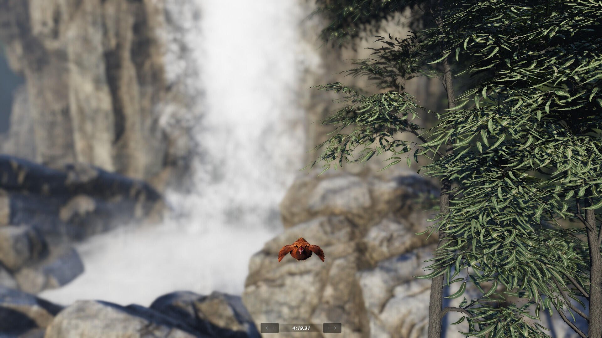A scenic HD wallpaper featuring a waterfall and a flying chicken, inspired by the video game Unlucky Chicken, showcasing vibrant nature elements.