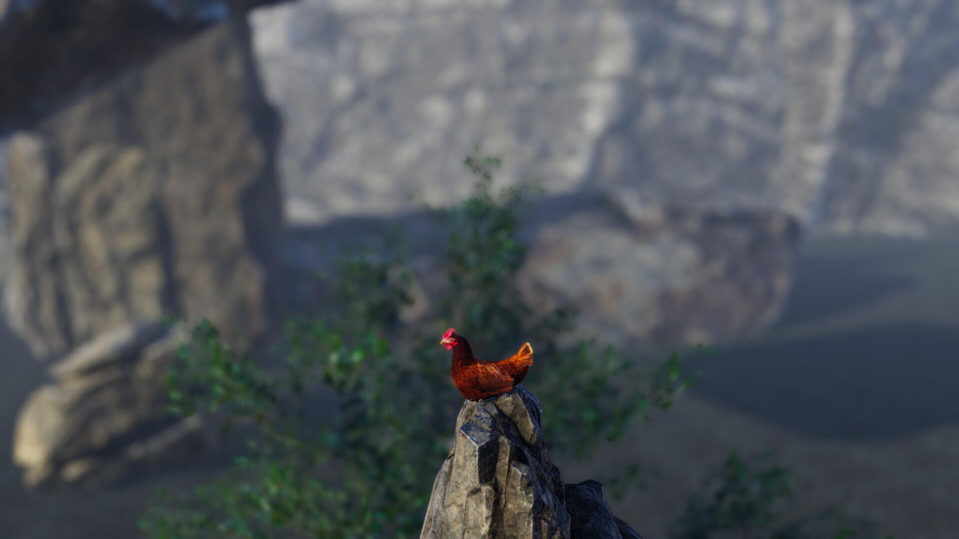 A vibrant chicken stands atop a rocky outcrop, surrounded by lush greenery, set against a backdrop of dramatic cliffs. This HD wallpaper captures the essence of the video game Unlucky Chicken.