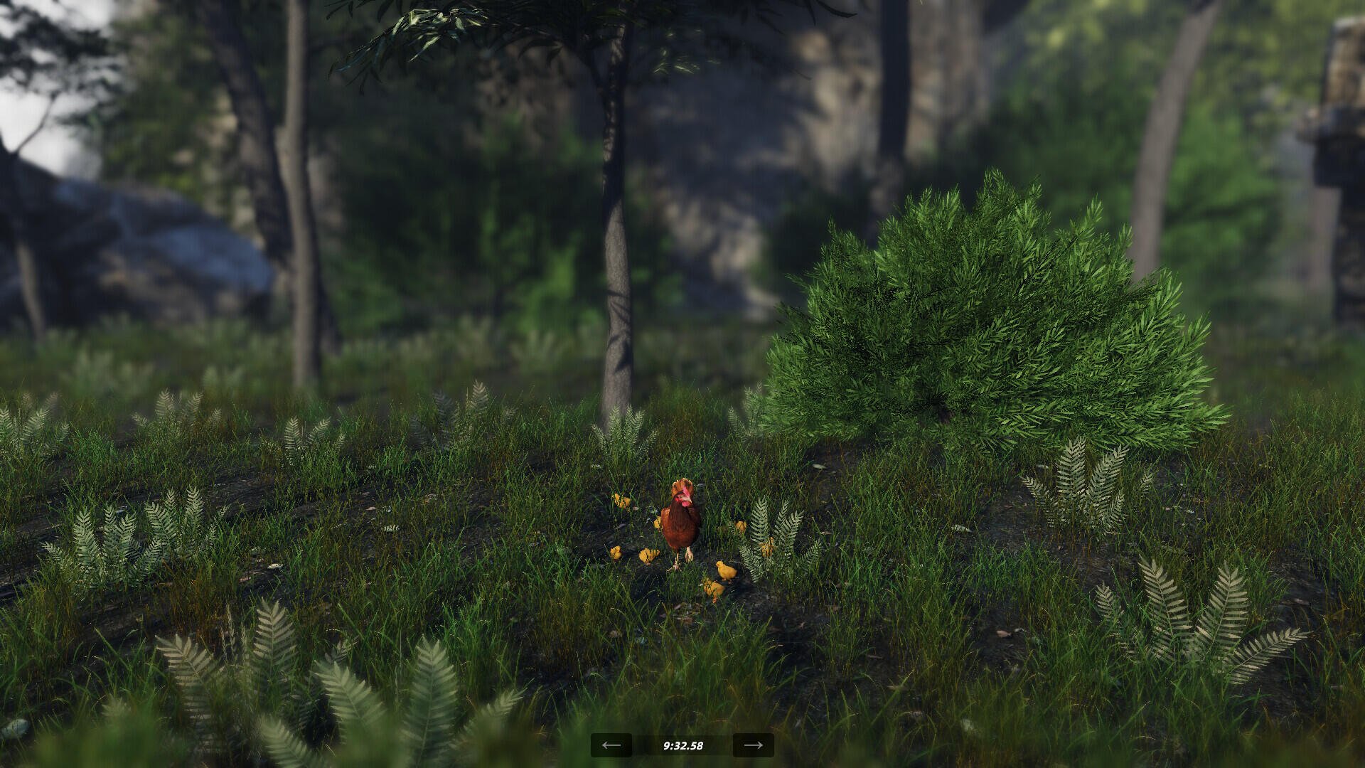 A vibrant HD wallpaper featuring a red chicken amidst lush greenery, inspired by the video game Unlucky Chicken, set in a picturesque natural environment.