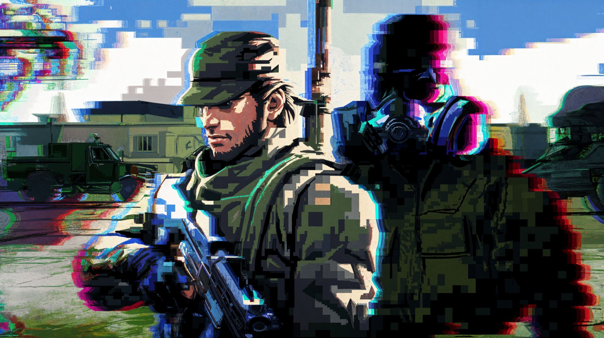 A captivating 4K Ultra HD desktop wallpaper featuring characters from Metal Gear, showcasing a soldier with a weapon and a masked figure against a vibrant, dynamic backdrop.