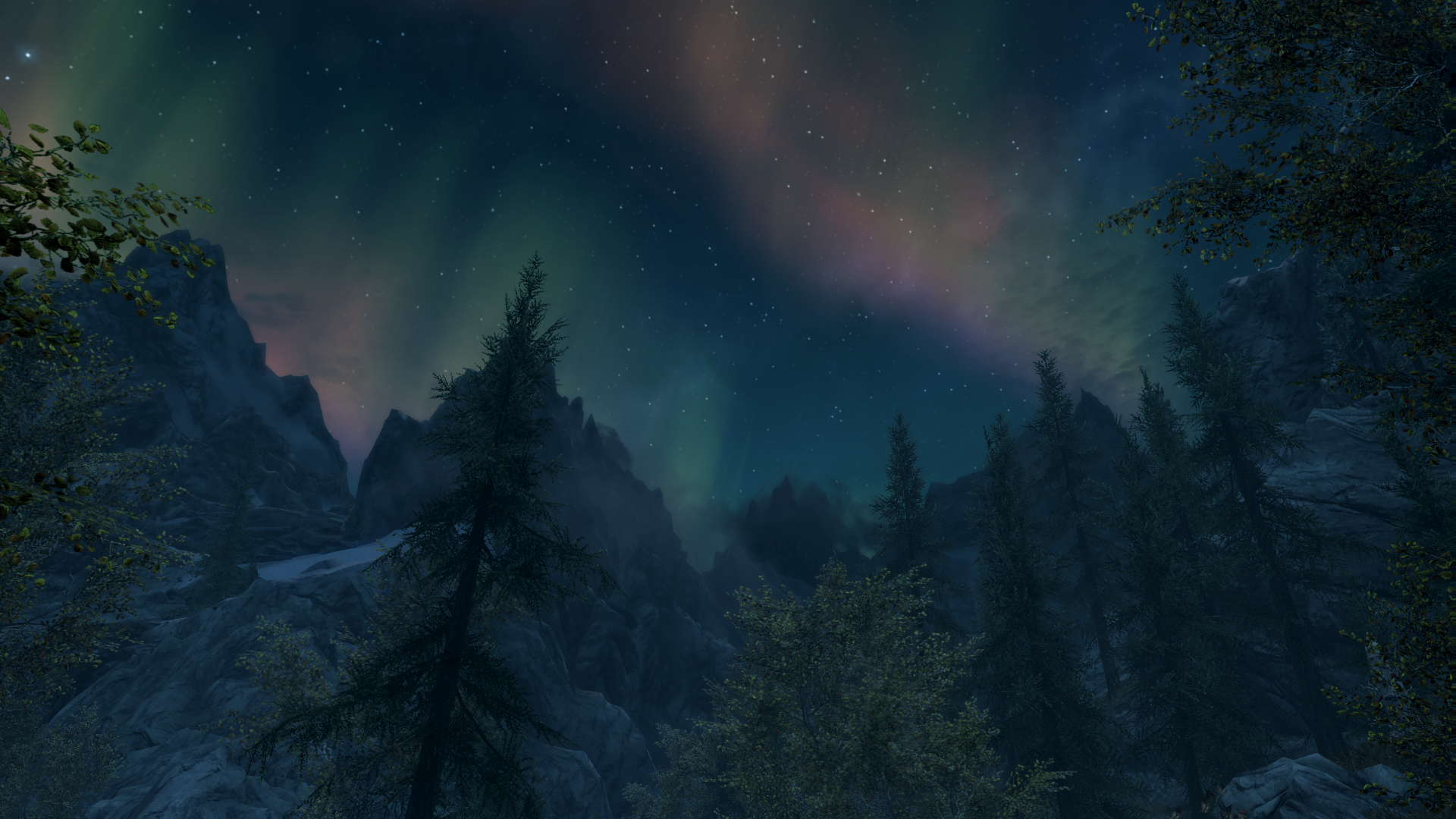 A captivating night sky with shimmering auroras illuminates a mountainous landscape, inspired by The Elder Scrolls V: Skyrim, creating an immersive video game environment.
