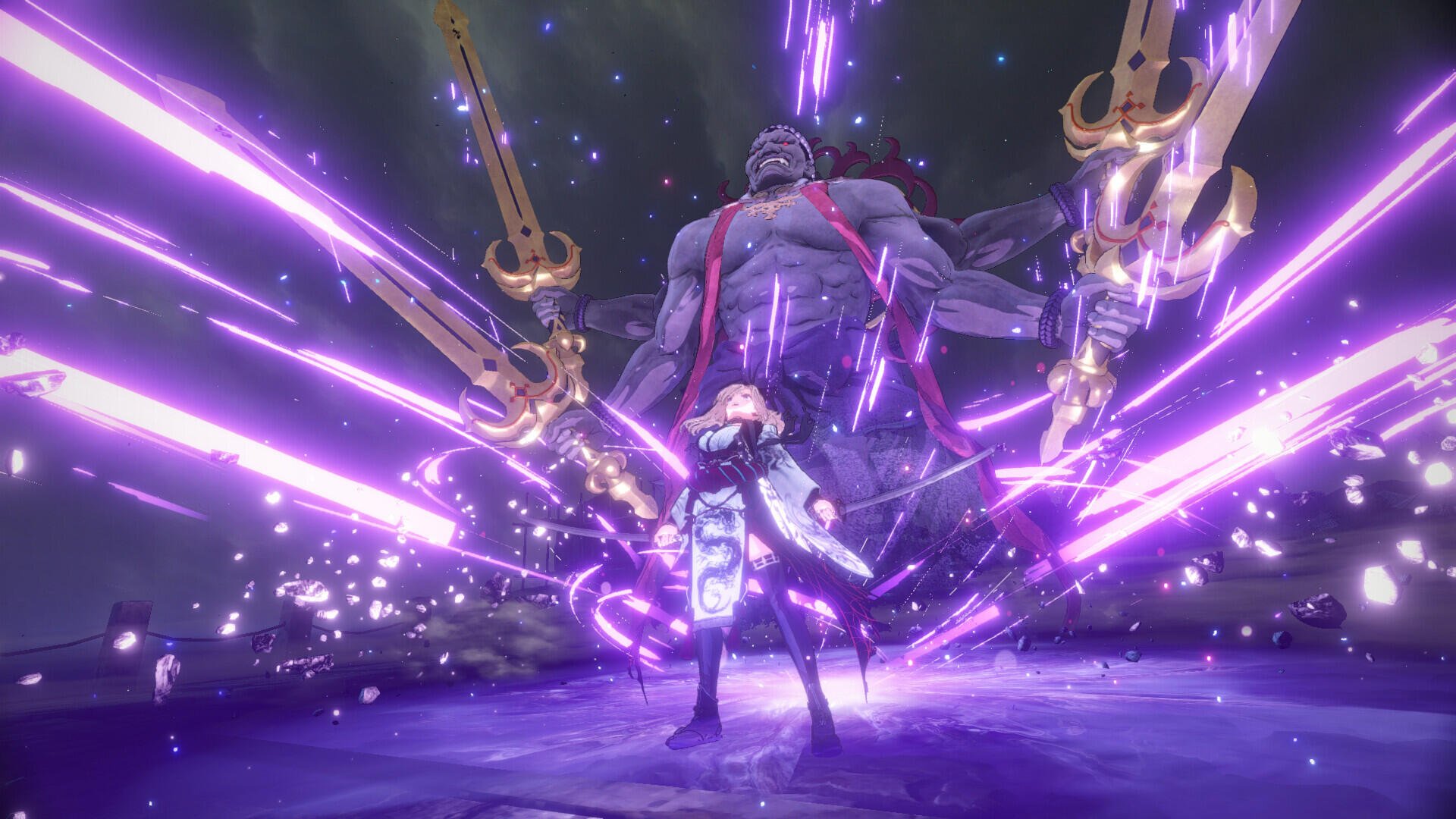 An HD wallpaper from the video game Fate/Samurai Remnant, featuring a character wielding powers amidst dynamic purple energy and a towering, imposing figure in the background.