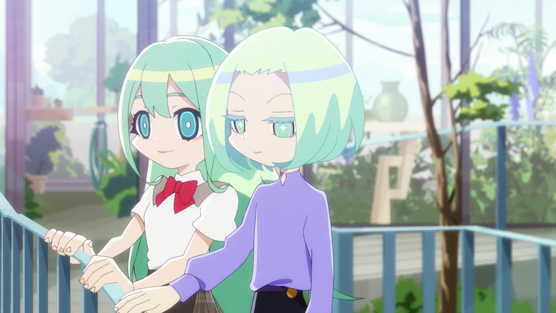 Two characters from Aquarion: Myth of Emotions stand together in a lush, bright setting, evoking a sense of connection and tranquility in this HD anime desktop wallpaper.