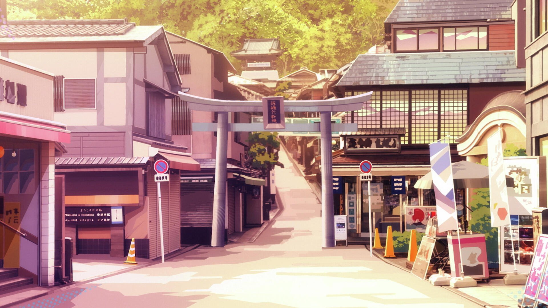 HD anime desktop wallpaper from Aquarion: Myth of Emotions featuring a serene city street with traditional Japanese architecture and a torii gate.