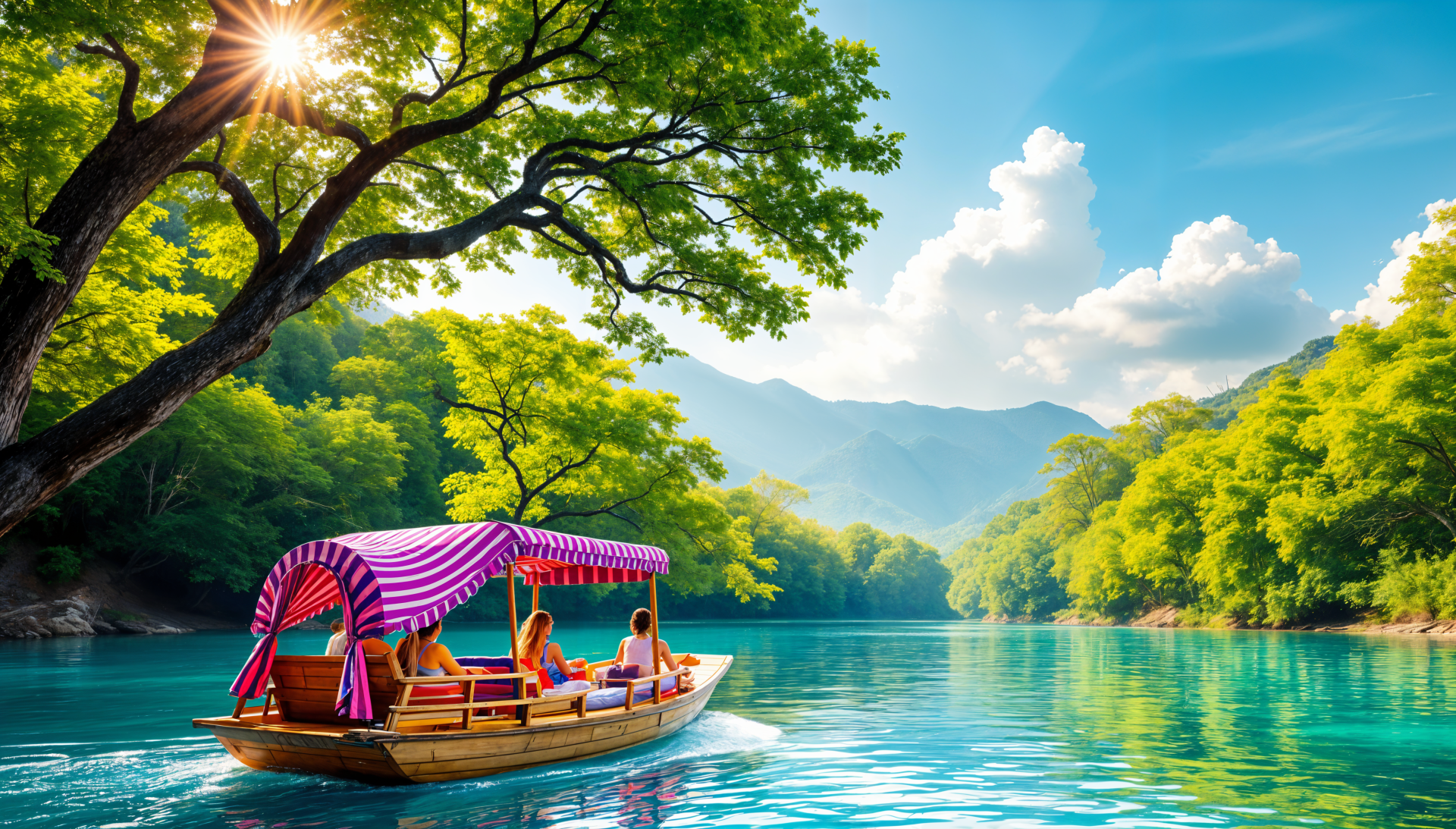 A serene landscape featuring a vibrant green river surrounded by lush trees, with a colorful boat transporting passengers under a clear blue sky. This 4K Ultra HD wallpaper enhances any desktop.
