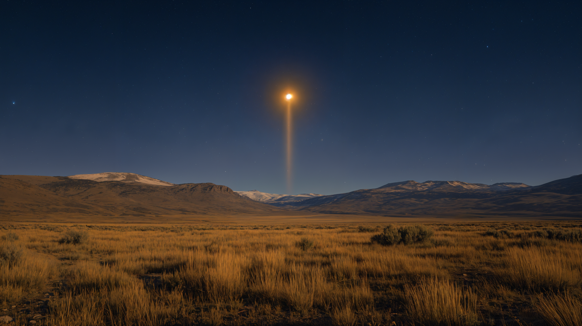 A 4K Ultra HD landscape wallpaper featuring a solar eclipse casting a bright beam of sunlight over a mountain range and grassy plain.