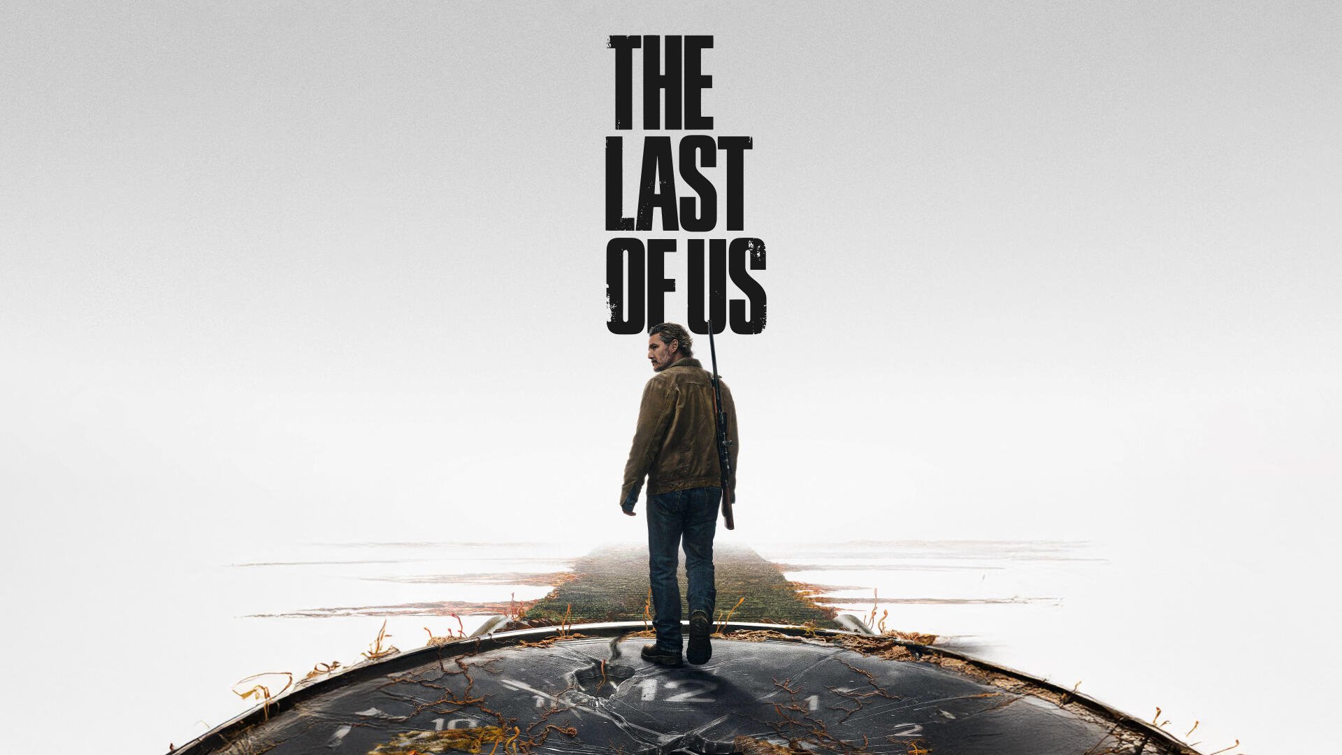 An 8K Ultra HD PC desktop wallpaper featuring a lone figure standing on a cracked surface with The Last of Us title above against a minimalist background.