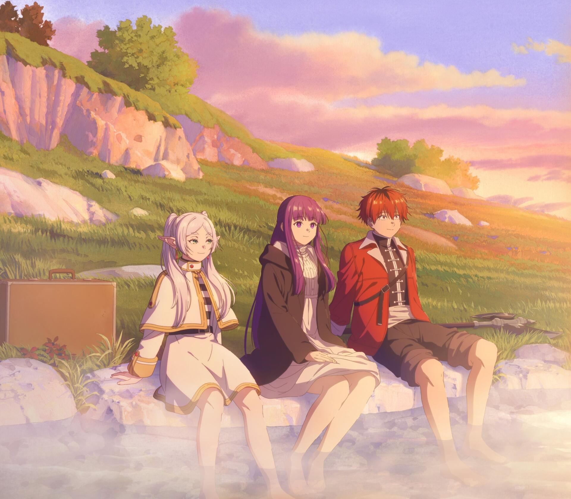 HD PC wallpaper featuring anime characters Frieren, Fern, and Stark from Frieren: Beyond Journey's End sitting together in a scenic sunset landscape.
