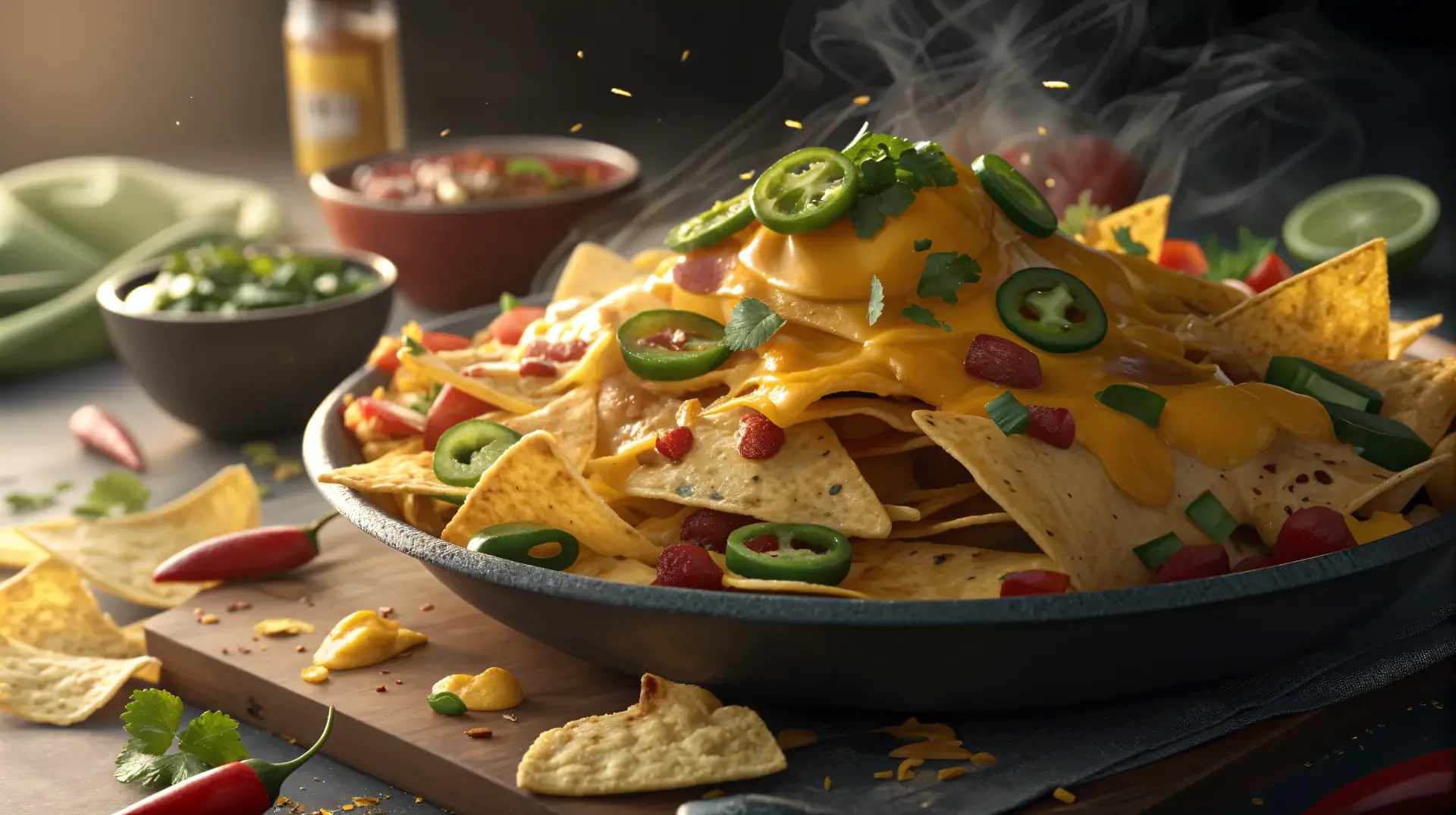 A steaming plate of nachos topped with melted cheese, jalapeños, and diced tomatoes, set against a vibrant background. This enticing image serves as a 4K Ultra HD desktop wallpaper.