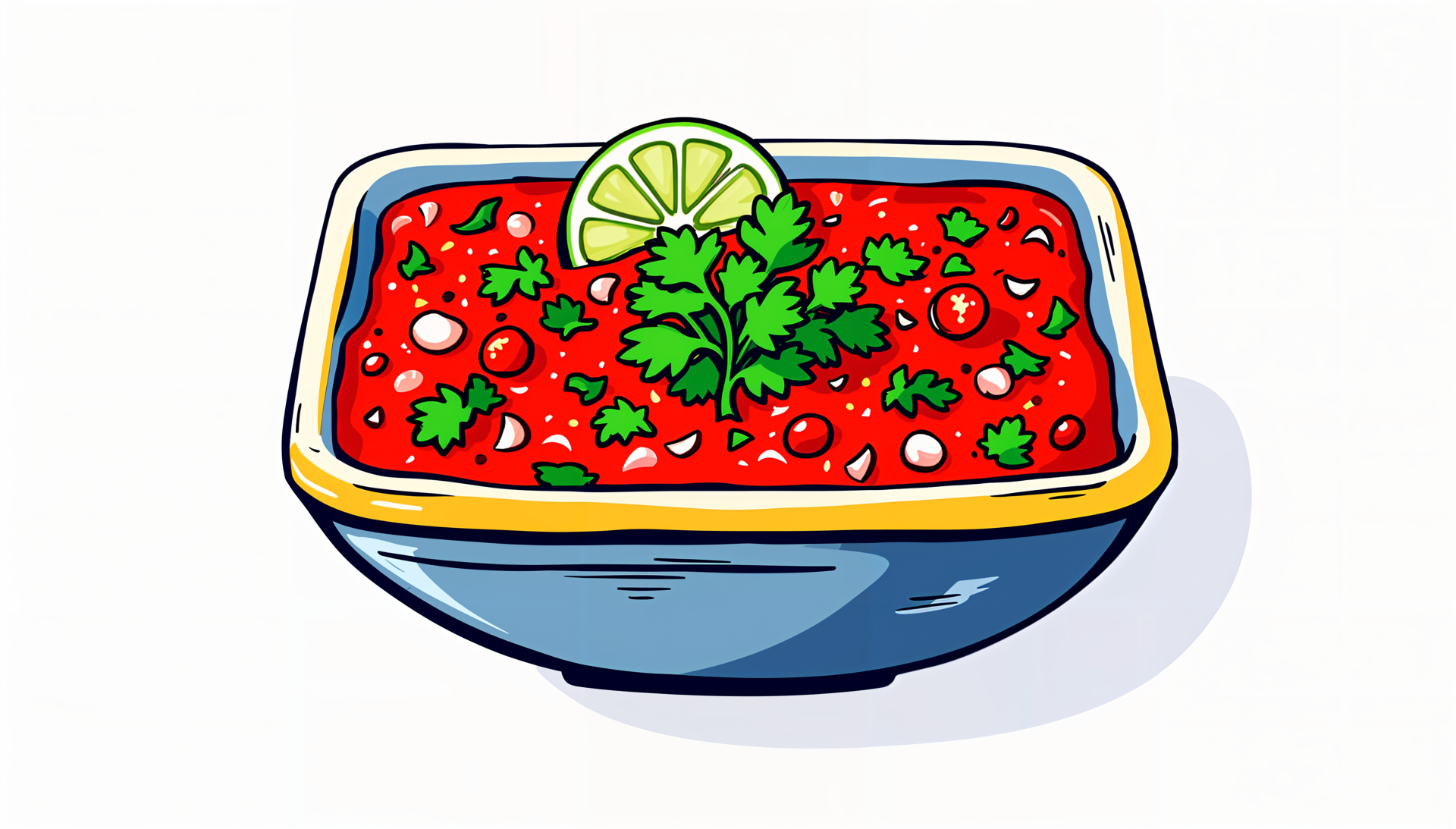 Illustration of a vibrant salsa dip garnished with cilantro and a lime wedge in a blue bowl, designed as a 4K Ultra HD PC desktop wallpaper background.
