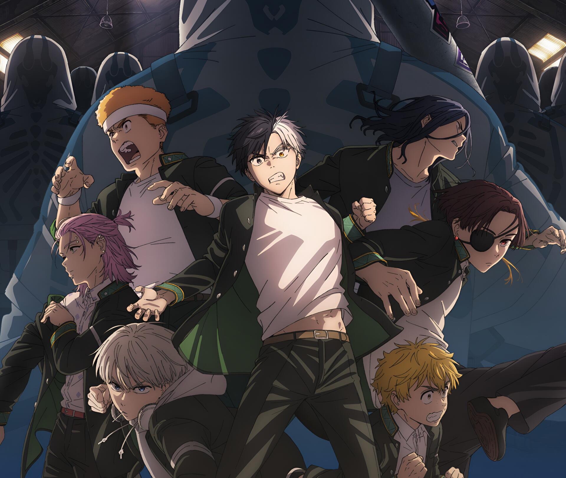 HD PC desktop wallpaper featuring anime characters from Wind Breaker in dynamic, intense poses against a dark, dramatic background.