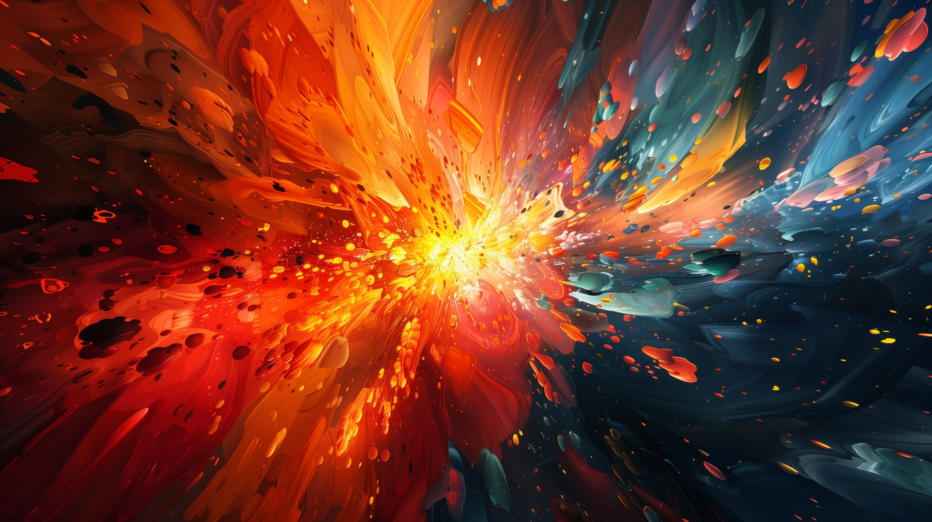 A vibrant, maximalist abstract design featuring an explosion of colors—reds, oranges, and blues—creating a dynamic and energetic backdrop for HD desktops.