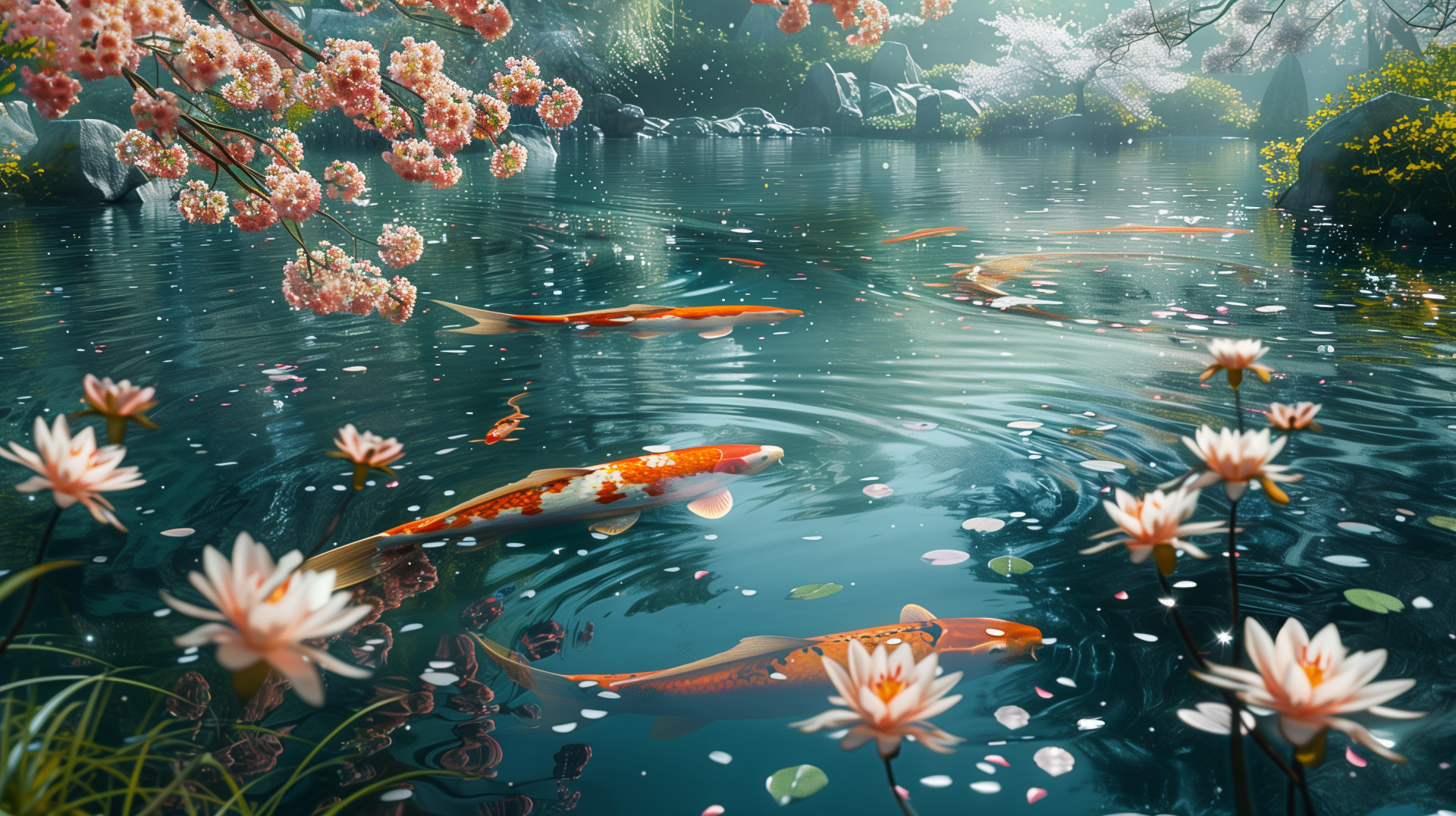 A serene lake features koi fish swimming among pink cherry blossoms and blooming water lilies, creating a tranquil and vibrant desktop wallpaper.