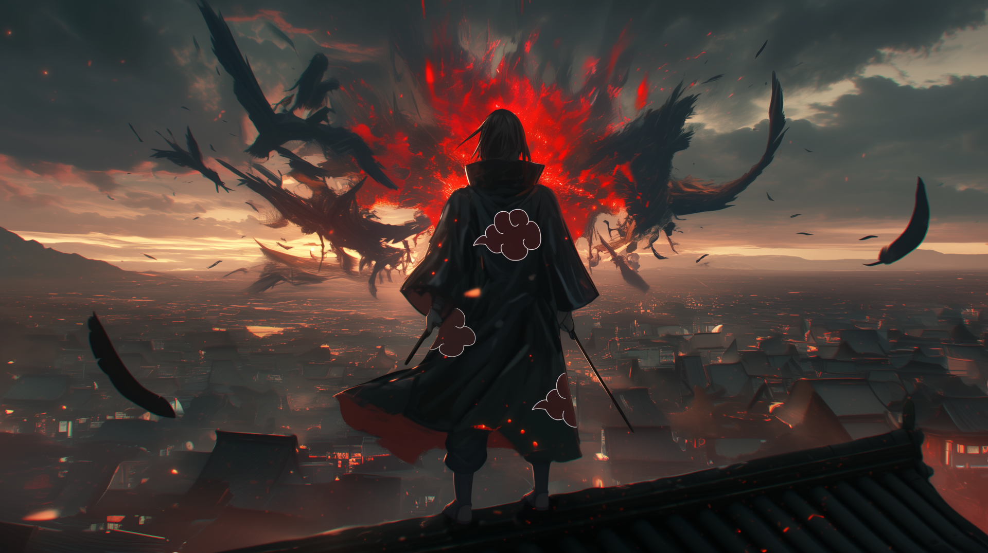 A dynamic HD wallpaper featuring Itachi Uchiha from Naruto, standing against a dramatic red backdrop with Akatsuki motifs, overlooking the village of Konohagakure.