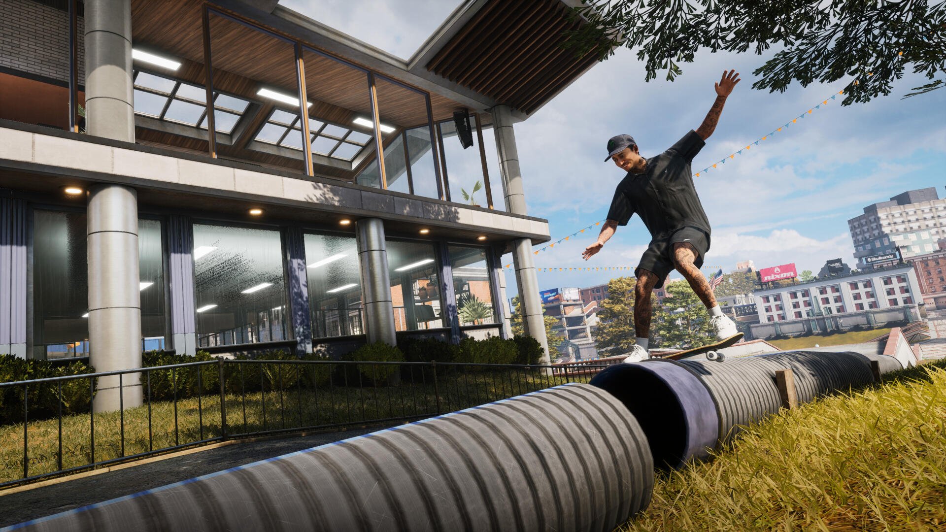 A dynamic scene from Tony Hawk's Pro Skater 3 + 4, featuring a skateboarder performing tricks on a pipe outside a stylish modern building, captured in stunning 4K Ultra HD.