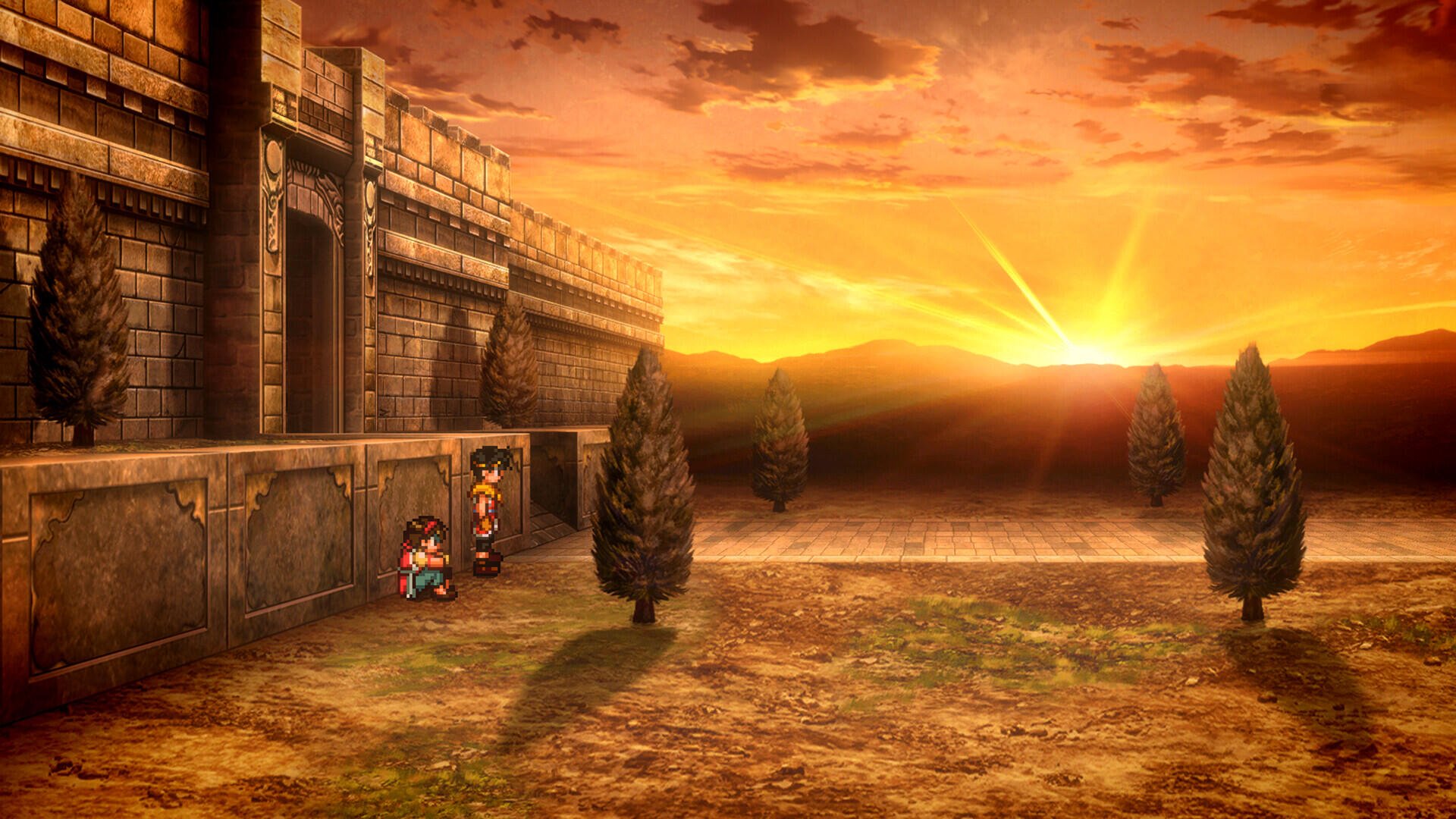 A stunning HD wallpaper from Suikoden I&II HD Remaster, featuring a dramatic sunset over a vast landscape, with characters near an ancient fortress, evoking the Gate Rune and Dunan Unification Wars.