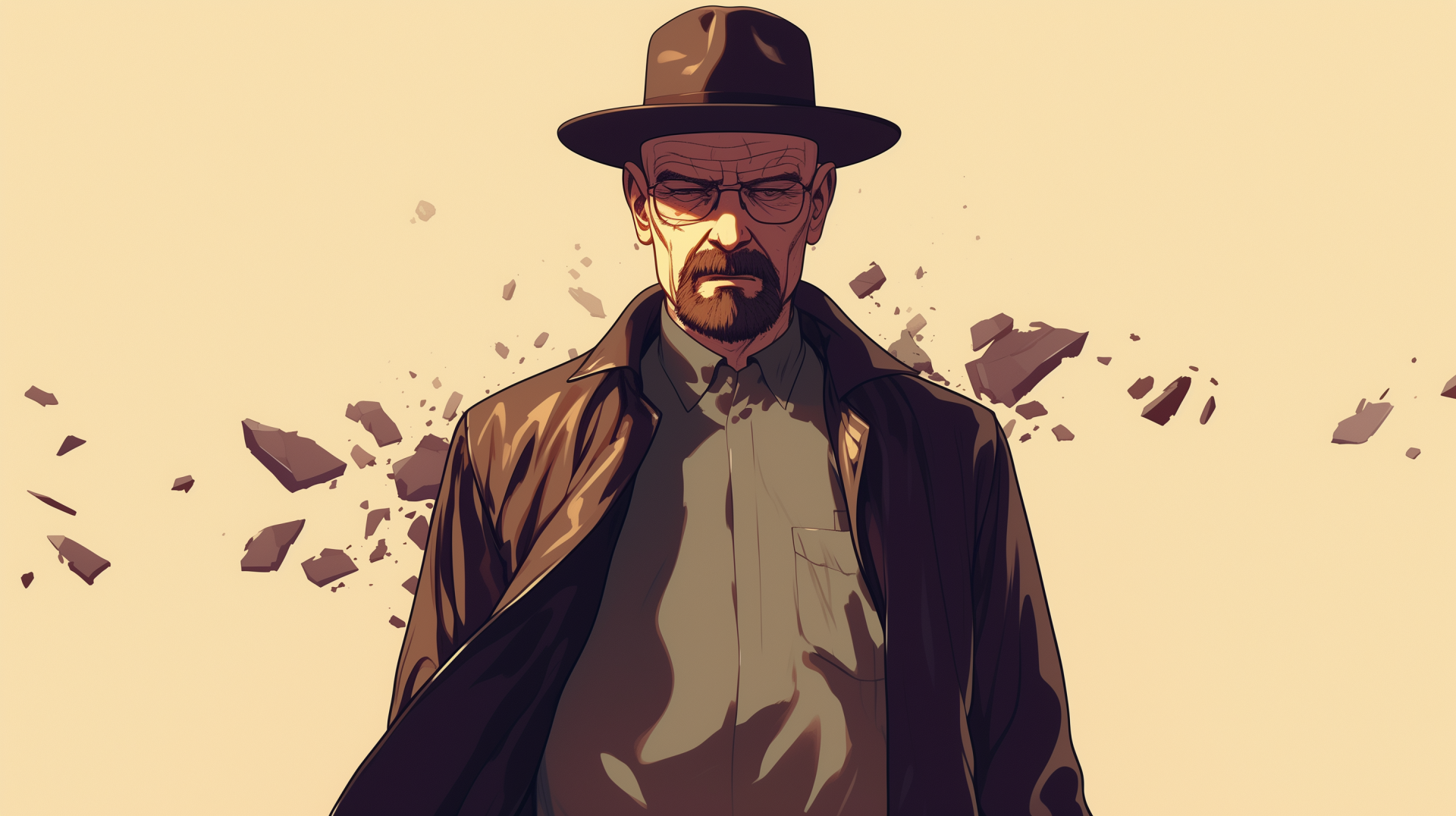 A stylish HD wallpaper featuring Walter White from the TV show Breaking Bad, showcasing his iconic look against a backdrop of exploding debris.