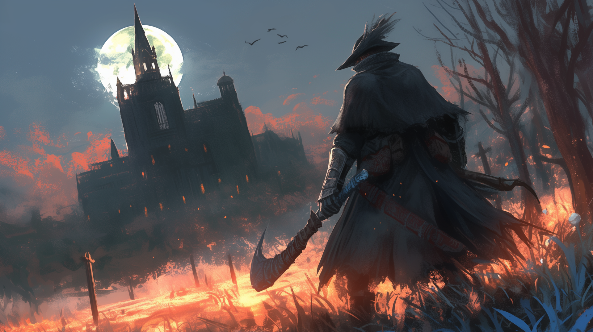 A shadowy assassin stands in a fiery landscape, gazing at a dark castle under a full moon, capturing a dramatic and mysterious atmosphere in this striking HD PC desktop wallpaper.