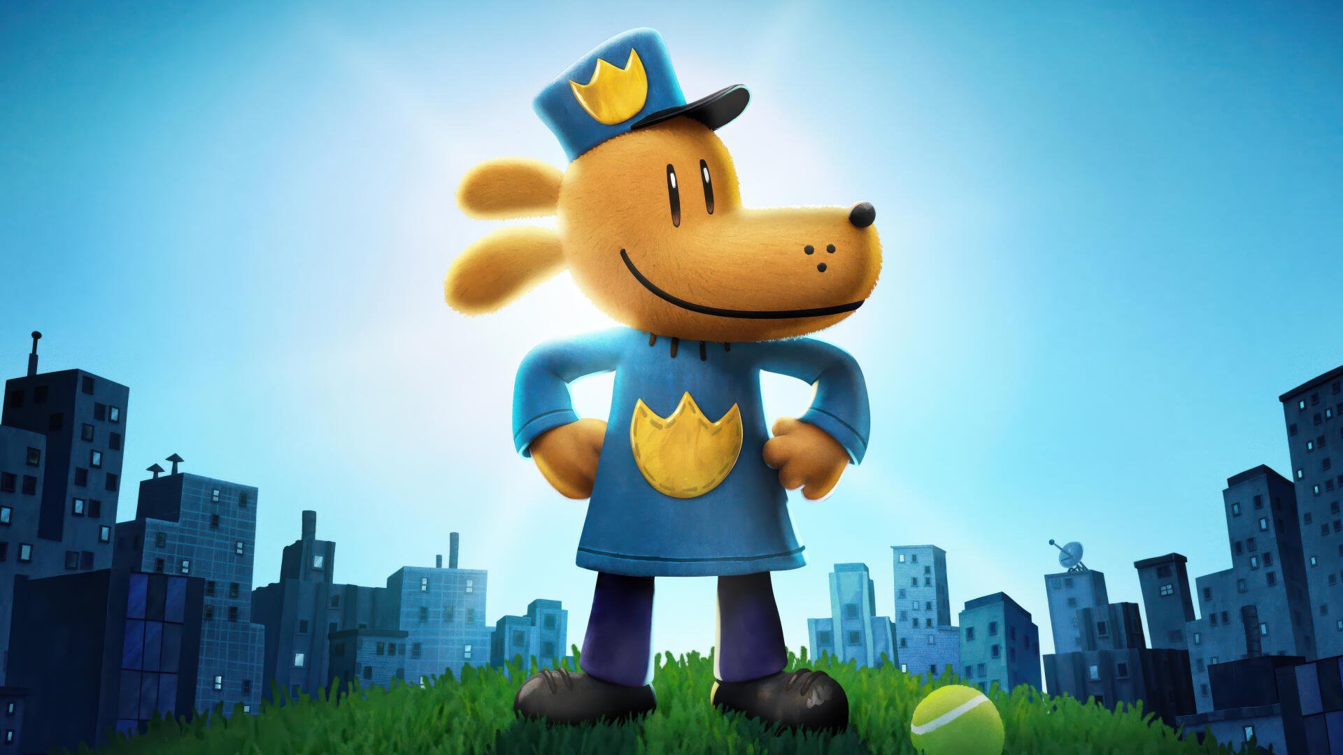 4K Ultra HD wallpaper featuring Dog Man from the 2025 movie, standing confidently in a city park with a bright sky backdrop.