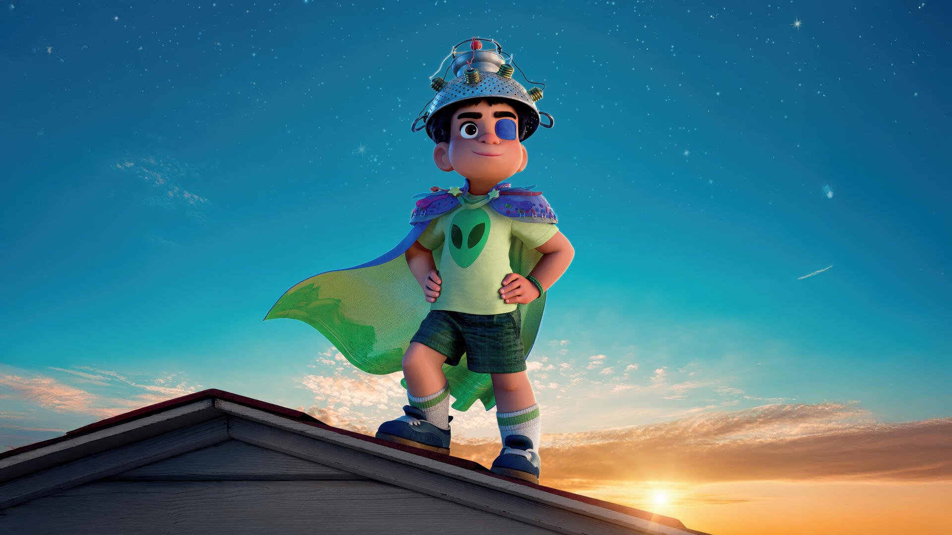 4K Ultra HD wallpaper featuring Elio from Pixar's 2025 movie Elio, standing confidently against a vibrant twilight sky.