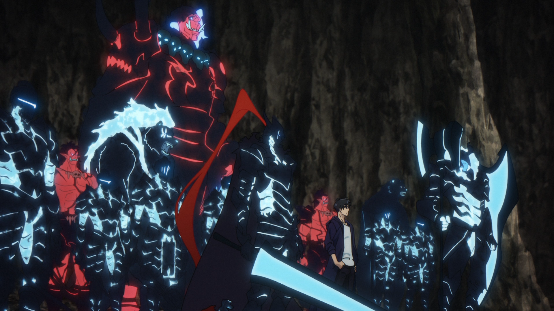 HD PC desktop wallpaper featuring intense Anime scene from Solo Leveling with dark armored figures and glowing blue accents in a cavern setting.