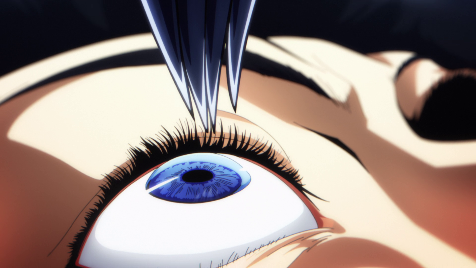 Close-up of Sung Jin-Woo from Solo Leveling, featuring striking anime eyes, set against a dark background, designed as an HD PC desktop wallpaper.