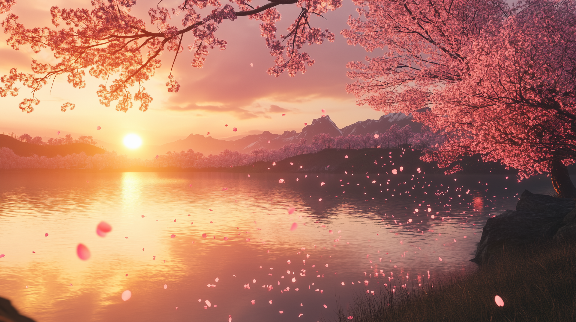 A serene landscape featuring a lake at sunset, surrounded by cherry blossoms and vibrant fall leaves, creating a breathtaking HD desktop wallpaper scene.