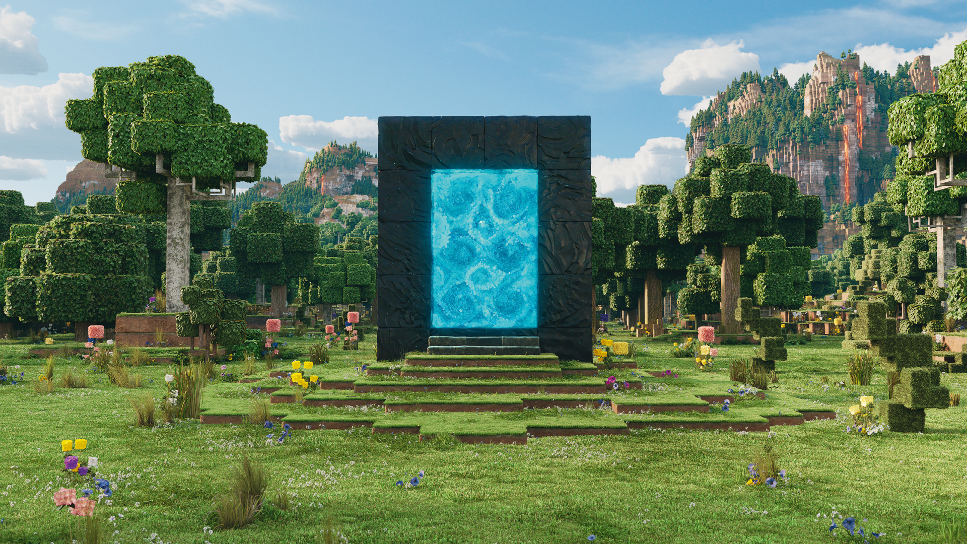 HD PC desktop wallpaper showcasing a vibrant Minecraft scene with a glowing Nether portal surrounded by trees and mountains from The Minecraft Movie.