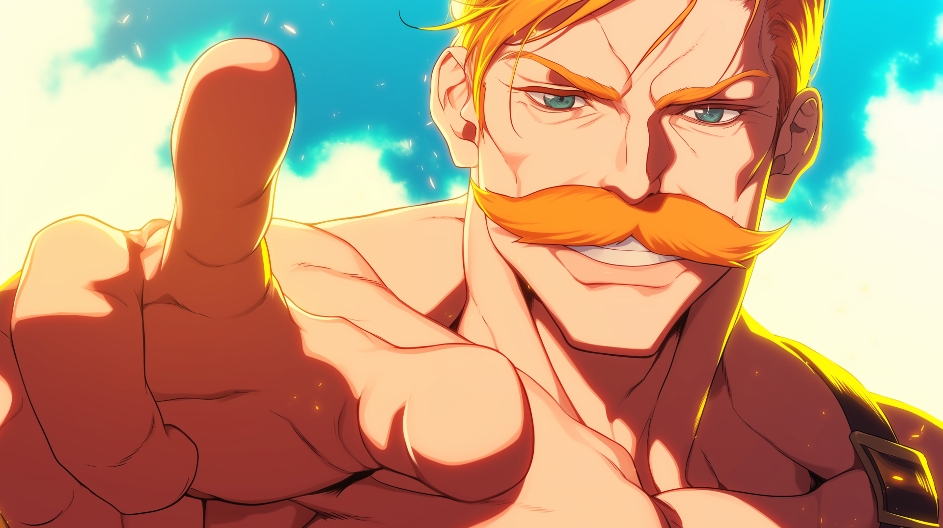 HD wallpaper featuring Escanor from *The Seven Deadly Sins*, showcasing his confident expression and iconic mustache against a bright sky background.