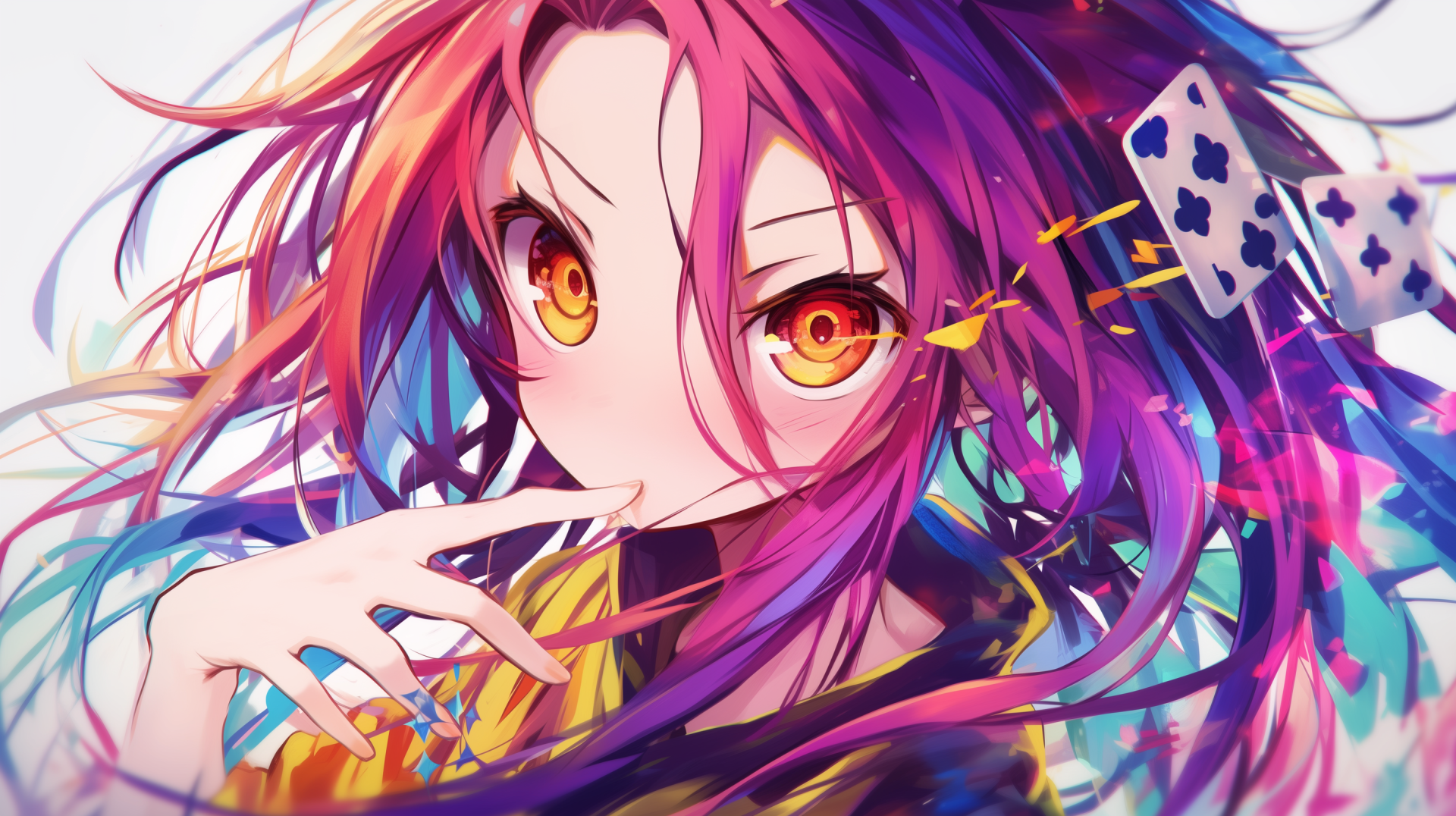Vibrant HD anime wallpaper featuring Shuvi Dola from No Game No Life with dynamic multicolored hair and intense golden eyes.