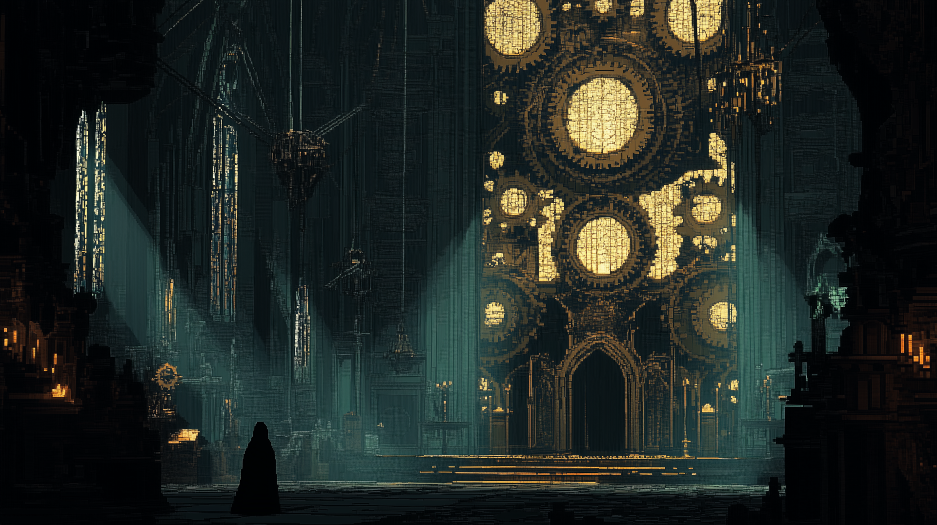 HD pixel art desktop wallpaper depicting a grand steampunk cathedral interior with intricate glowing gears and a lone silhouetted figure in the shadows.