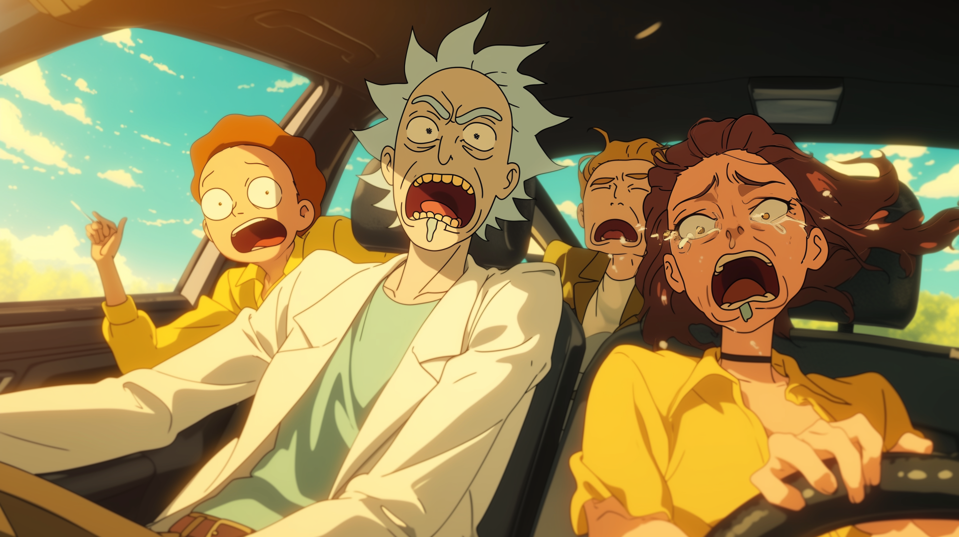 A vibrant HD wallpaper featuring Rick Sanchez, Morty Smith, and friends in a car, all expressing exaggerated emotions, capturing the humor of the TV show Rick and Morty.