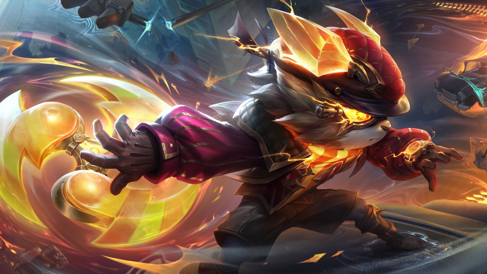 Vibrant 8K Ultra HD wallpaper featuring Kennen from League of Legends, showcasing dynamic action with electric effects and striking colors in a fantasy setting.